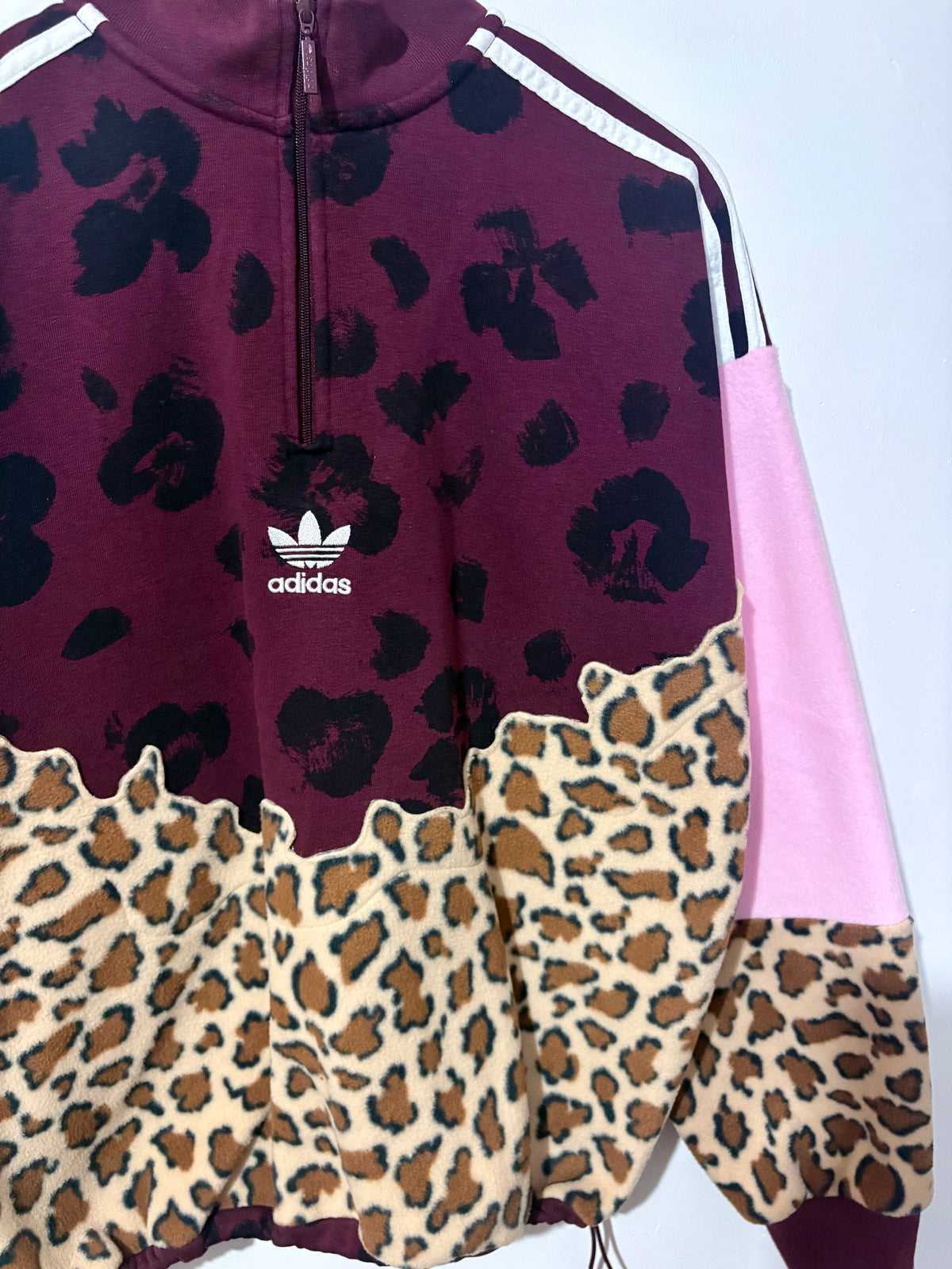 Y2K burgundy adidas logo leopard print and pink fleece patchwork 1/4 zip neck sweatshirt.