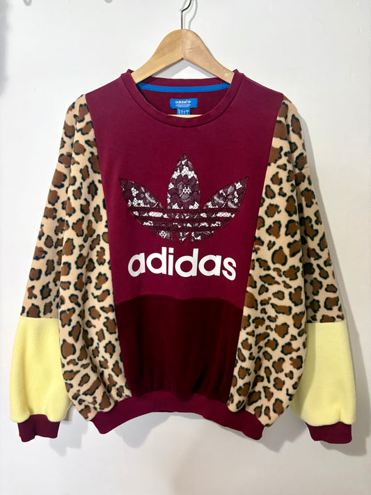 Y2K burgundy lace logo adidas leopard and butter yellow fleece patchwork sweatshirt.