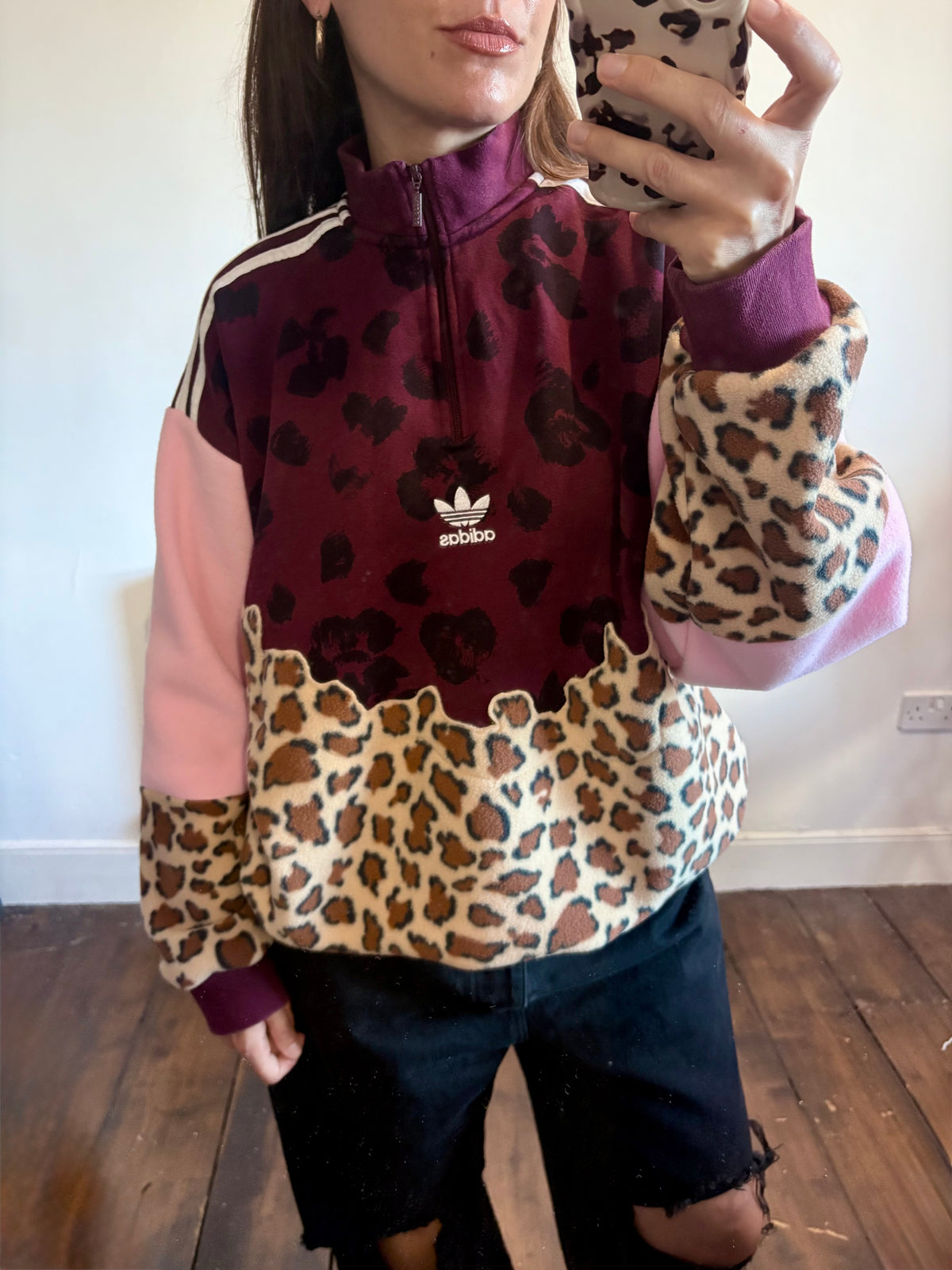 Y2K burgundy adidas logo leopard print and pink fleece patchwork 1/4 zip neck sweatshirt.