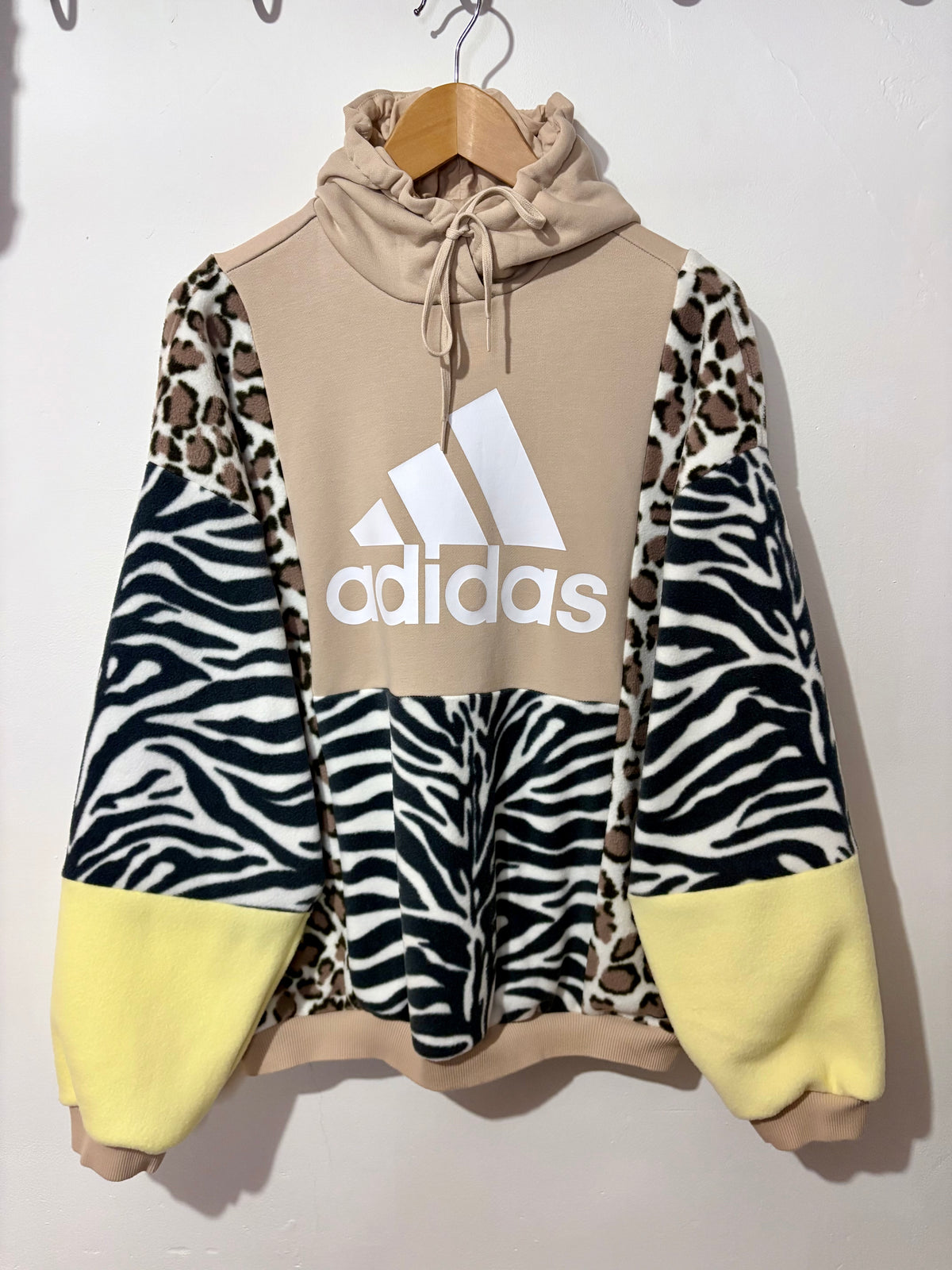 Y2K cream adidas zebra, leopard and butter yellow fleece patchwork hoodie sweatshirt.