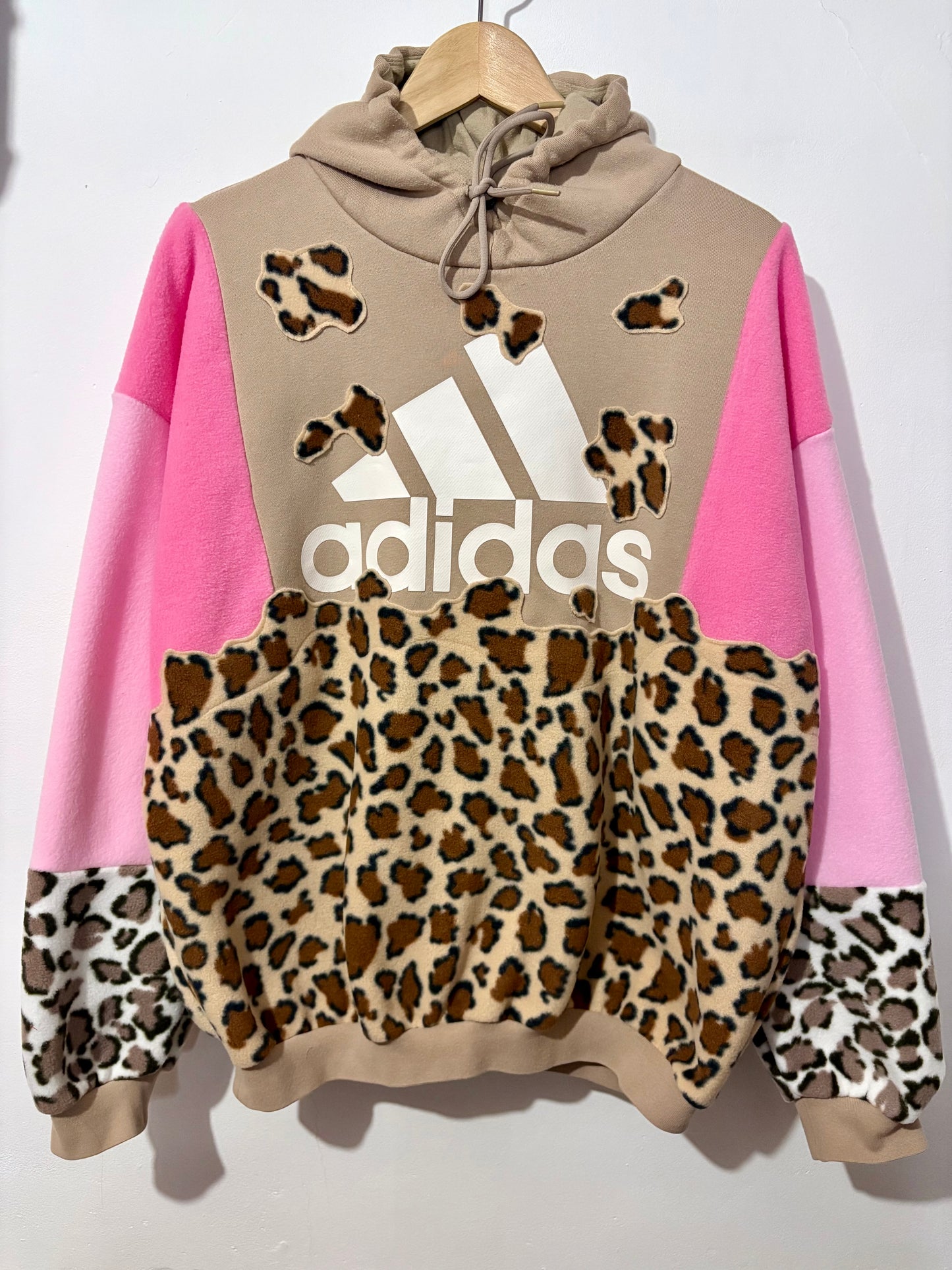 Y2K beige adidas leopard, animal print, pink patchwork fleece hoodie sweatshirt.