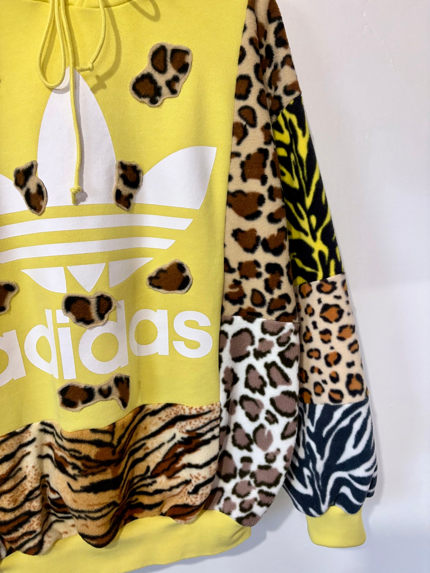 Y2K yellow adidas leopard animal print, patchwork fleece hoodie sweatshirt.