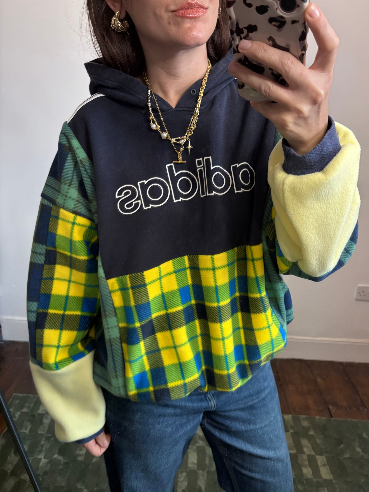 Y2K navy adidas spell out logo clashing checked tartan patchwork hoodie sweatshirt.