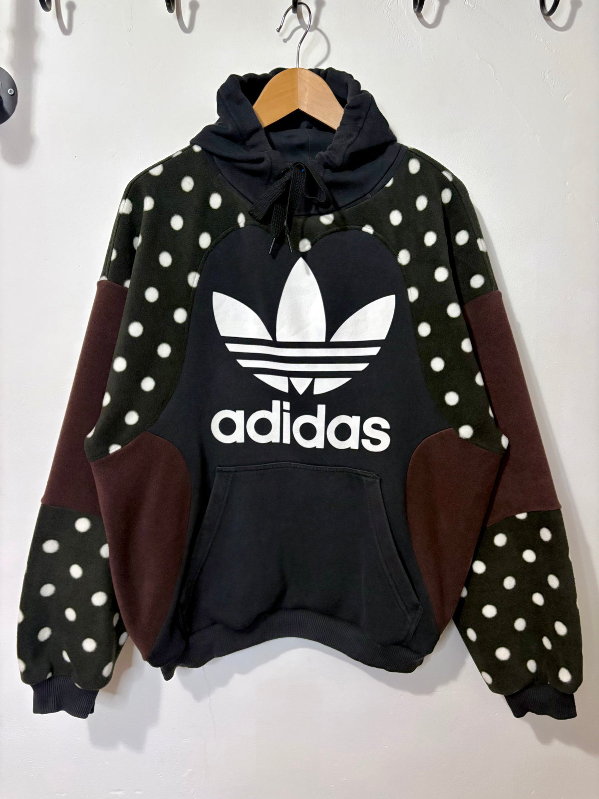 Y2K adidas logo polka dot and brown fleece patchwork hoodie sweatshirt.