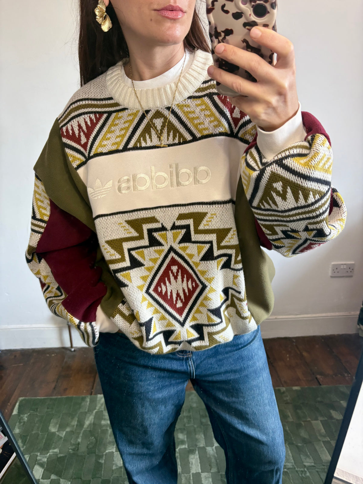 Vintage cream adidas logo funky pattern knit patchwork burgundy, khaki fleece sweatshirt.