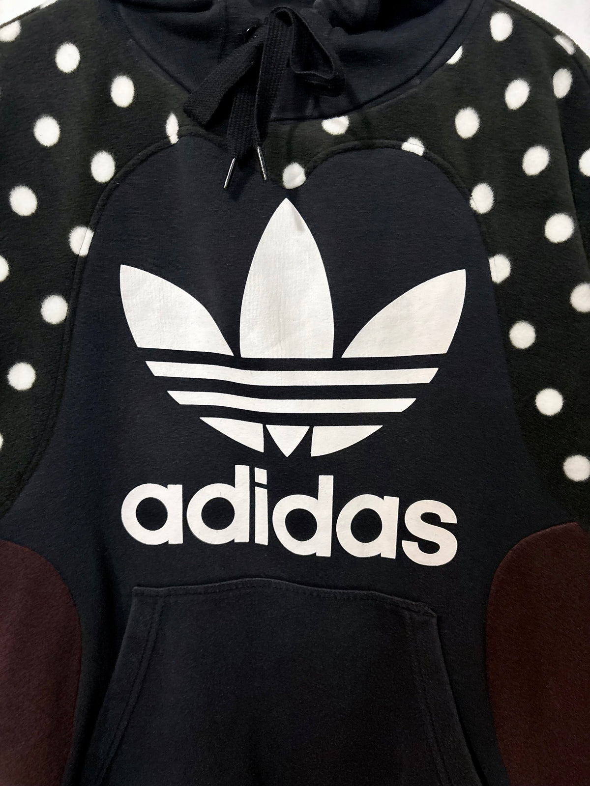 Y2K adidas logo polka dot and brown fleece patchwork hoodie sweatshirt.