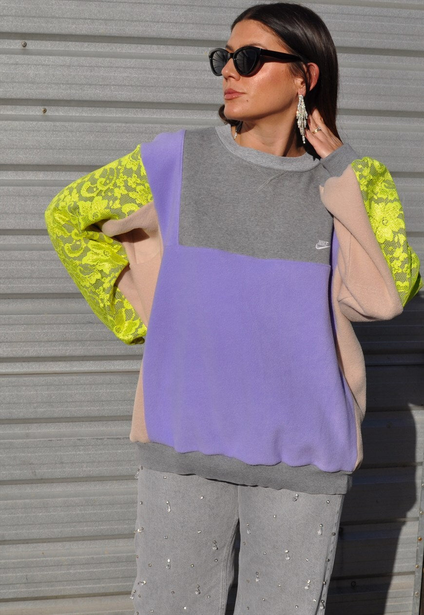 Y2K vintage reworked Nike patchwork neon yellow lace sleeve sweatshirt.