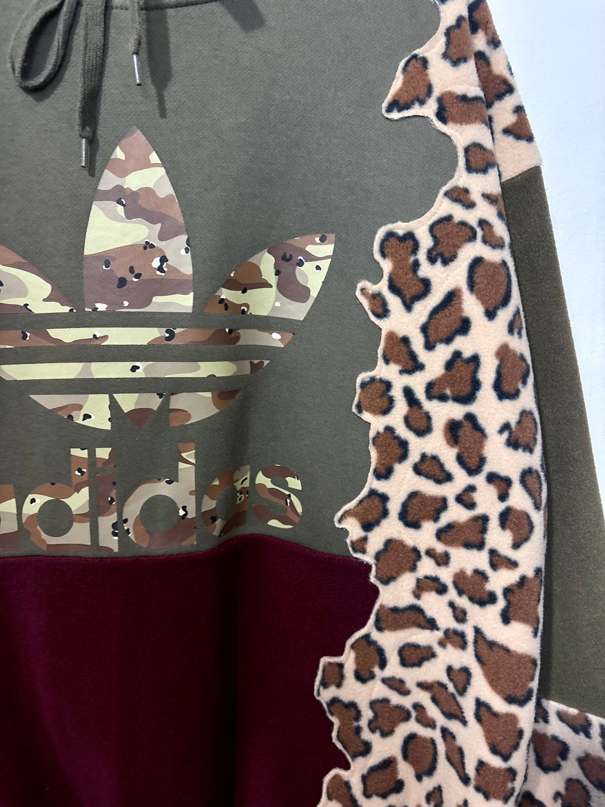 Y2K khaki adidas camouflage logo leopard print and burgundy fleece patchwork hoodie sweatshirt.