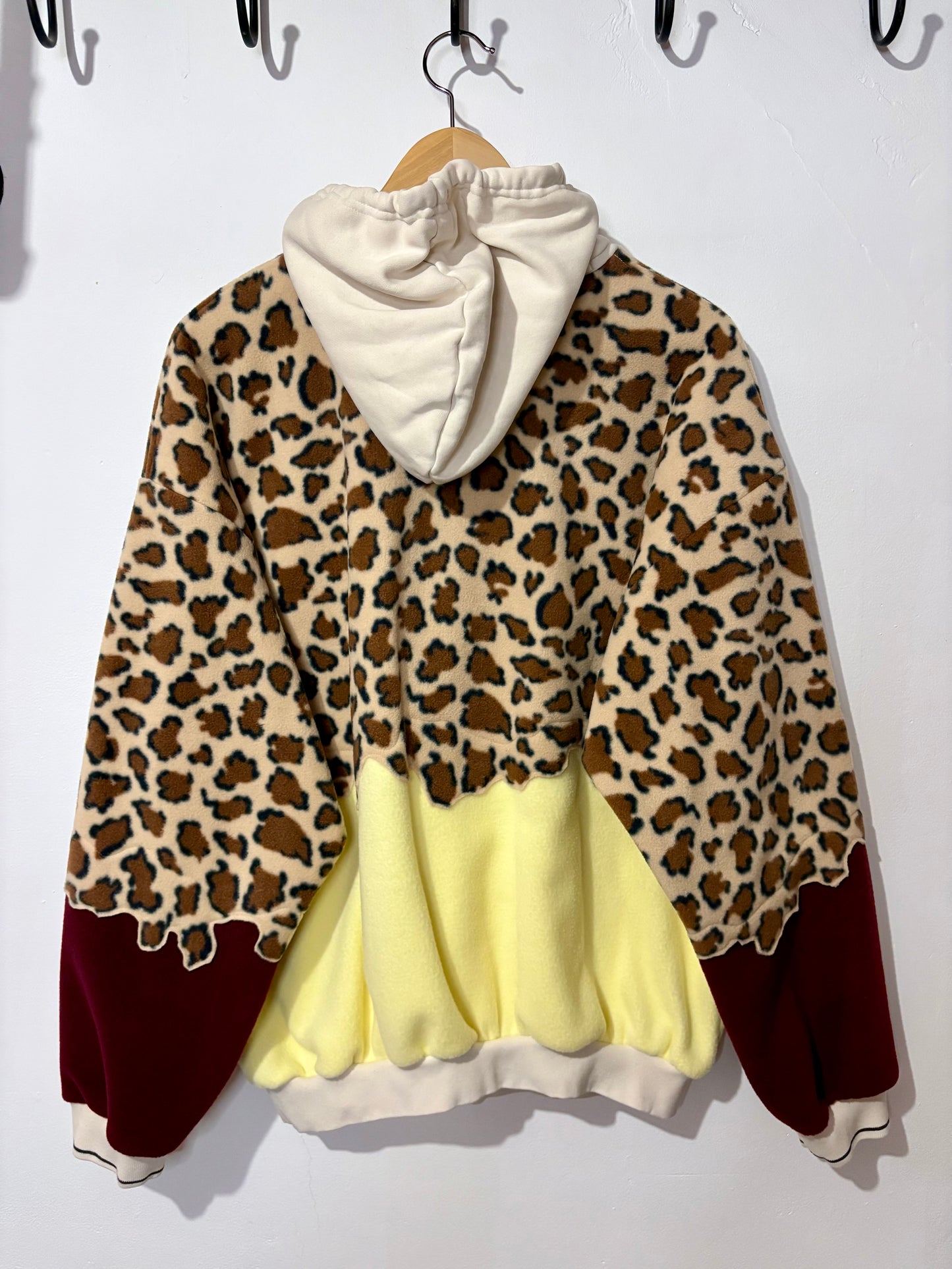 Y2K adidas leopard print, butter yellow, burgundy patchwork fleece hoodie sweatshirt.