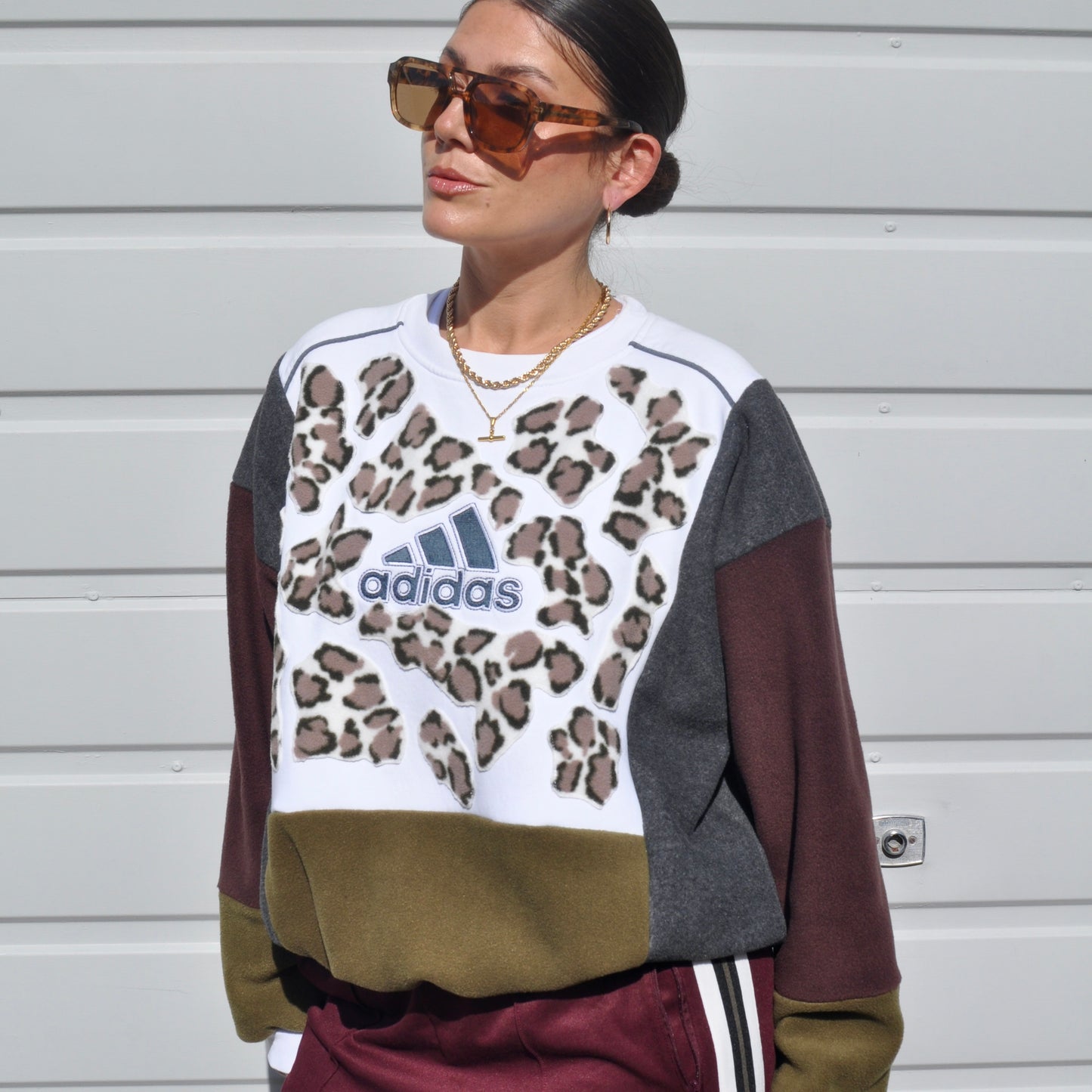 Leopard print fleece patchwork adidas logo sweatshirt