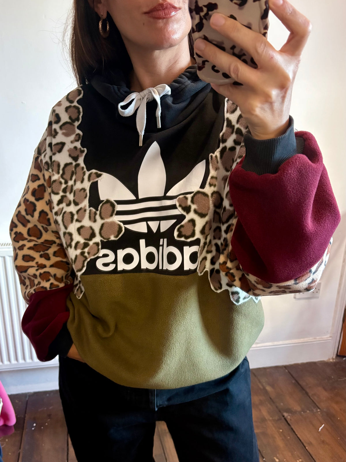 Y2K black adidas logo leopard print, khaki and burgundy fleece patchwork hoodie sweatshirt.