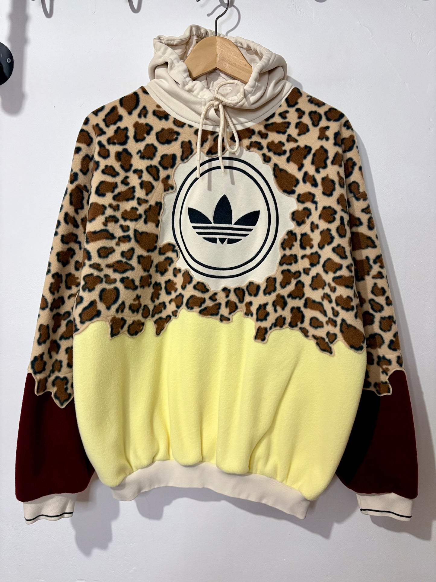 Y2K adidas leopard print, butter yellow, burgundy patchwork fleece hoodie sweatshirt.