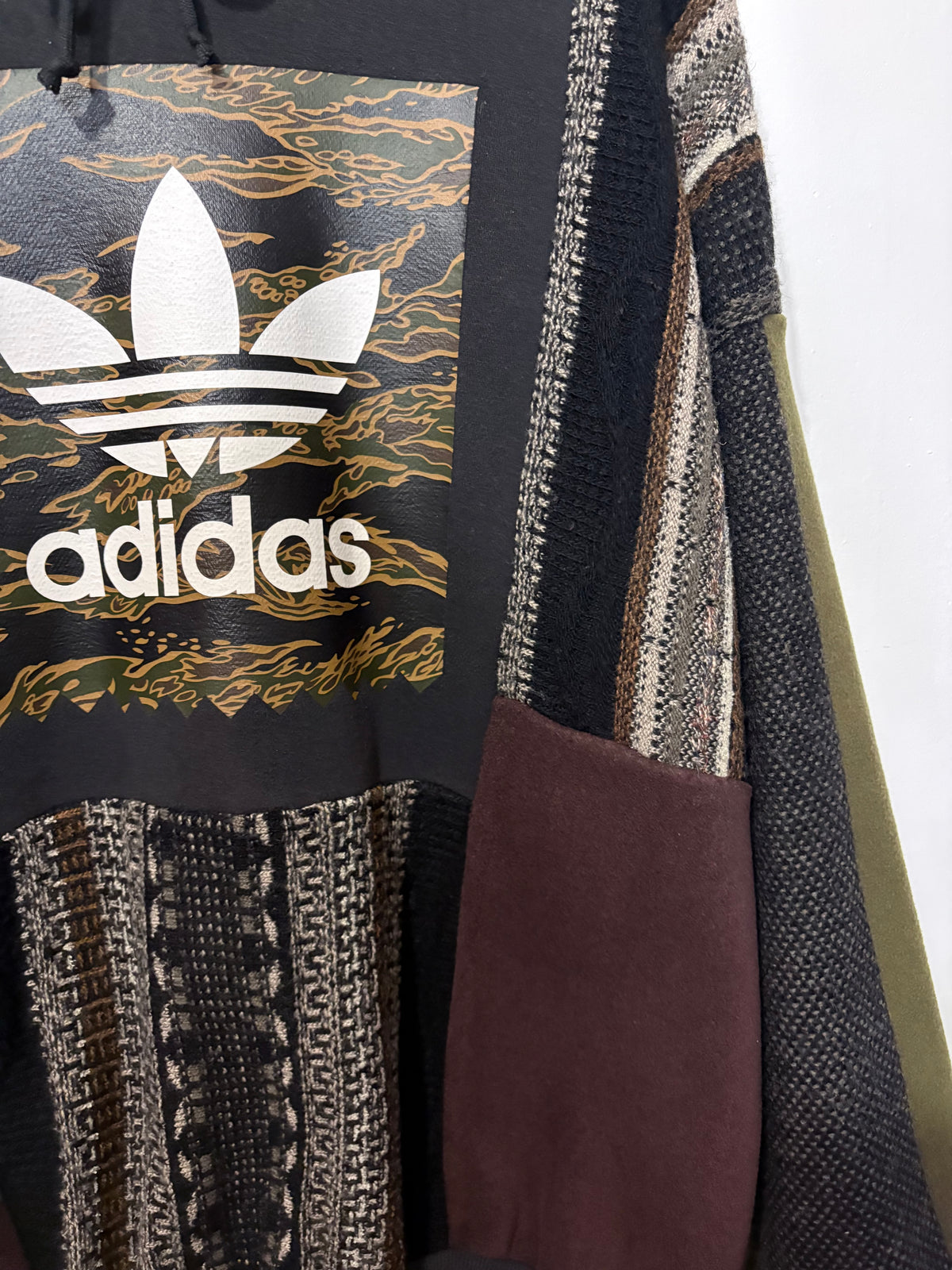 Vintage camouflage adidas logo funky stripe knit patchwork hoodie sweatshirt.