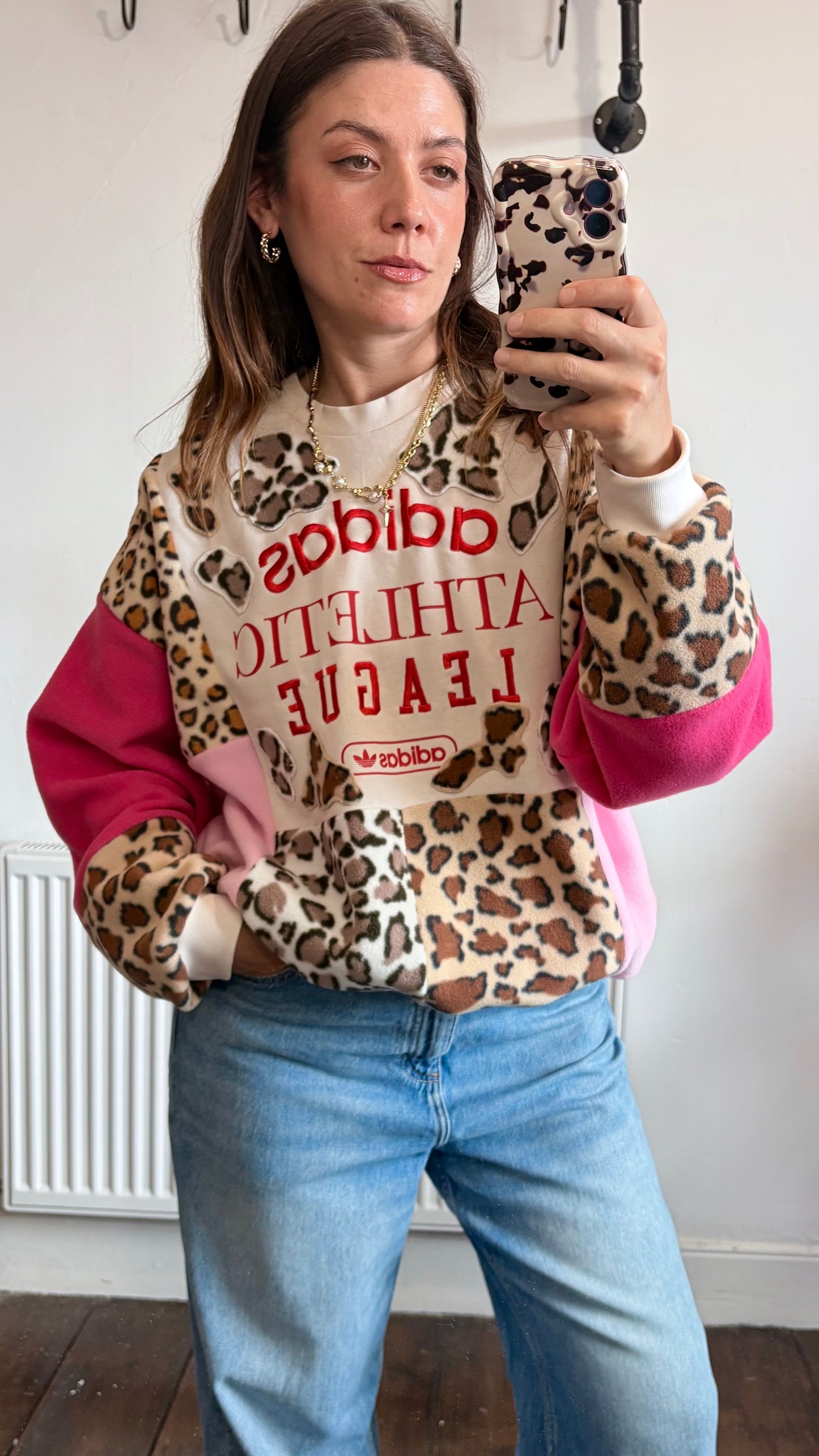 Y2K cream adidas leopard, animal print, pink patchwork fleece sweatshirt.