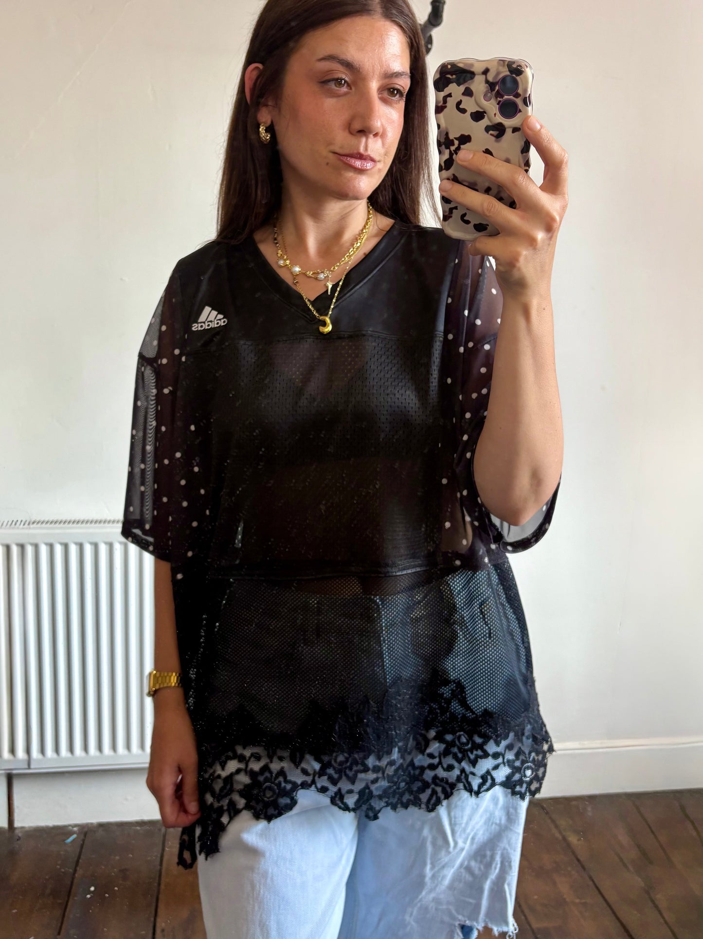 Vintage Y2K adidas polka dot sheer mesh lace patchwork tshirt