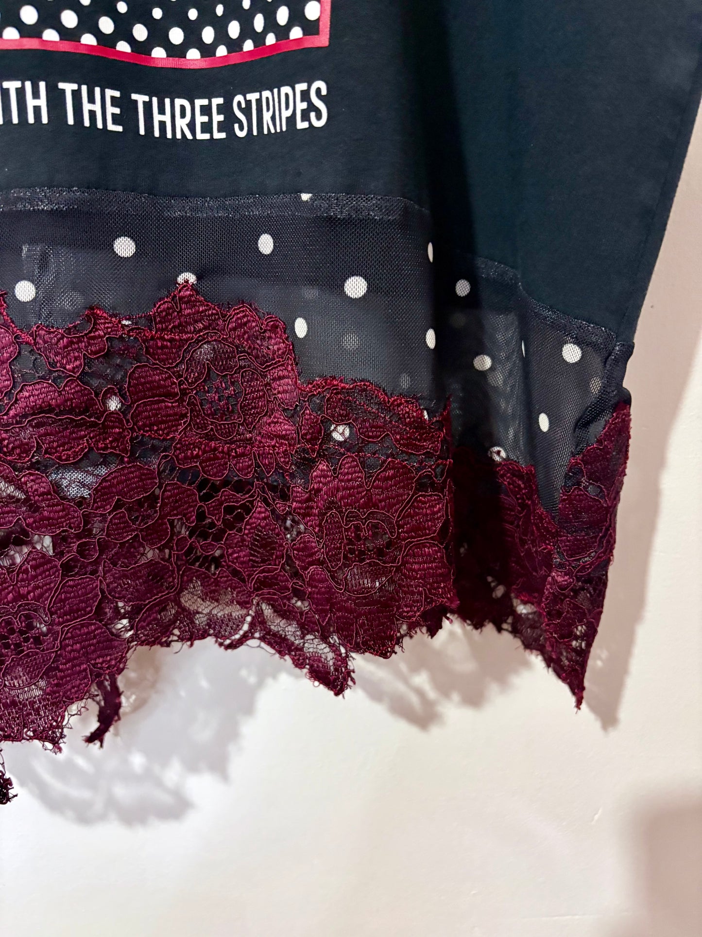 Vintage Y2K adidas polka dot sheer mesh burgundy lace patchwork tshirt