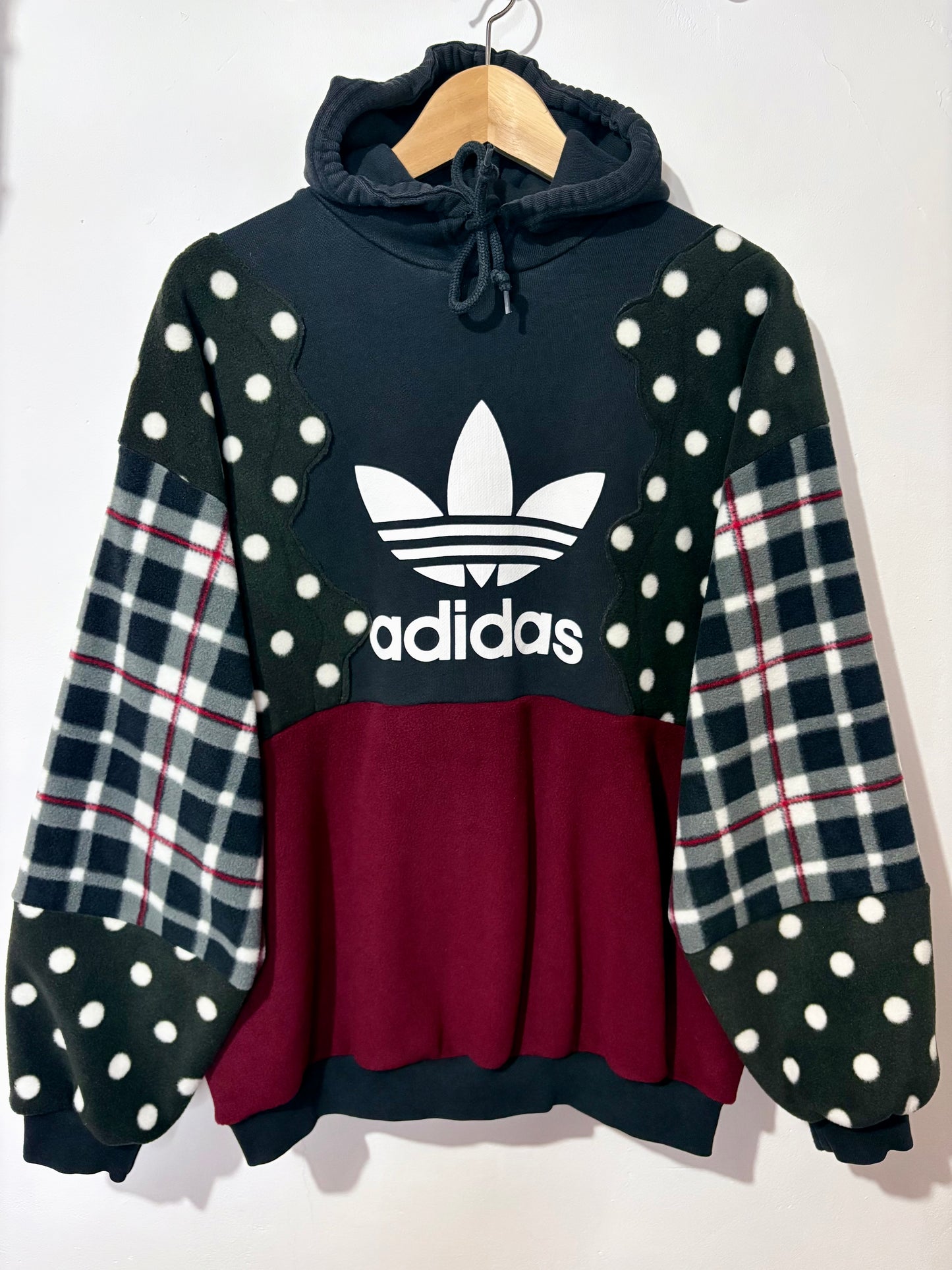 Y2K adidas polka dot, tartan, checked, burgundy fleece patchwork hoodie sweatshirt.