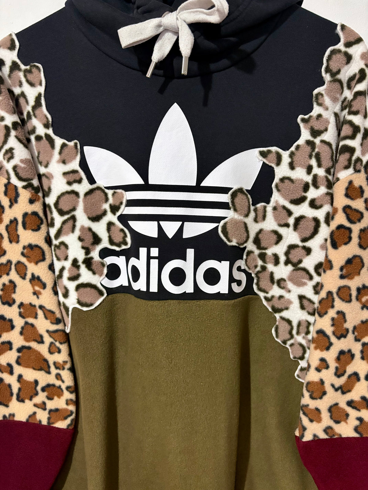 Y2K black adidas logo leopard print, khaki and burgundy fleece patchwork hoodie sweatshirt.