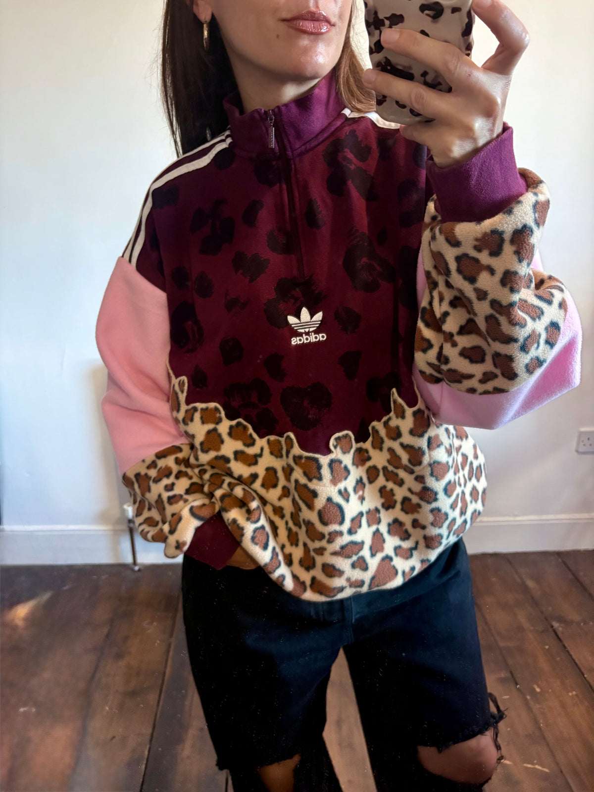 Y2K burgundy adidas logo leopard print and pink fleece patchwork 1/4 zip neck sweatshirt.