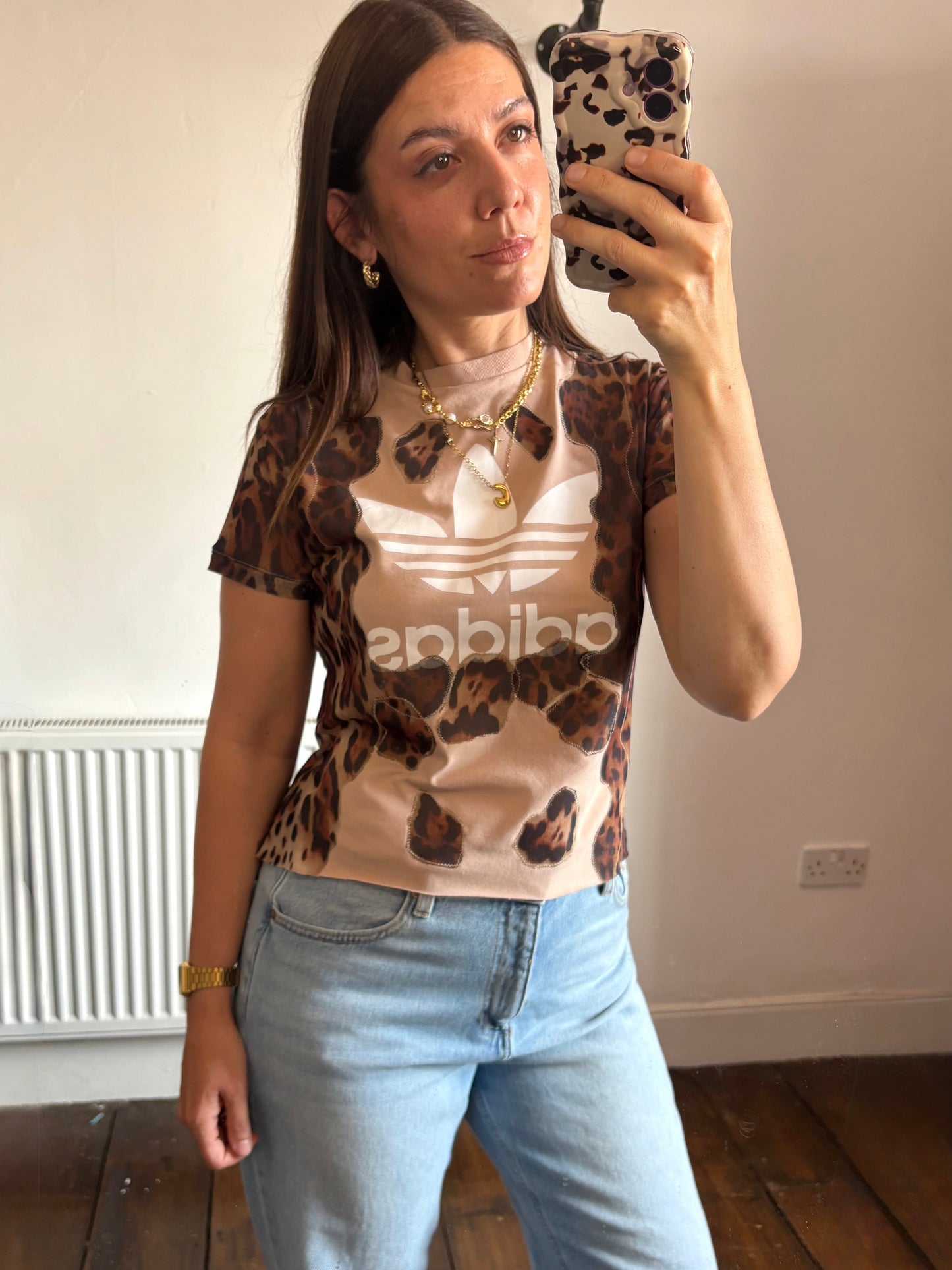 Vintage Y2K adidas leopard print sheer mesh wavy patchwork baby tee tshirt.