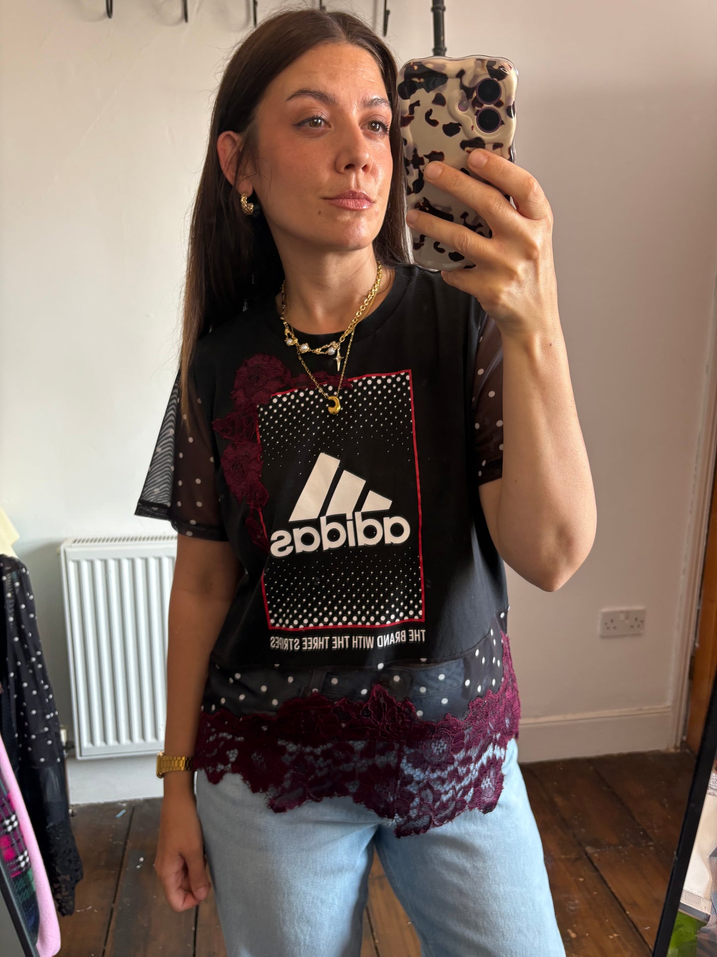 Vintage Y2K adidas polka dot sheer mesh burgundy lace patchwork tshirt