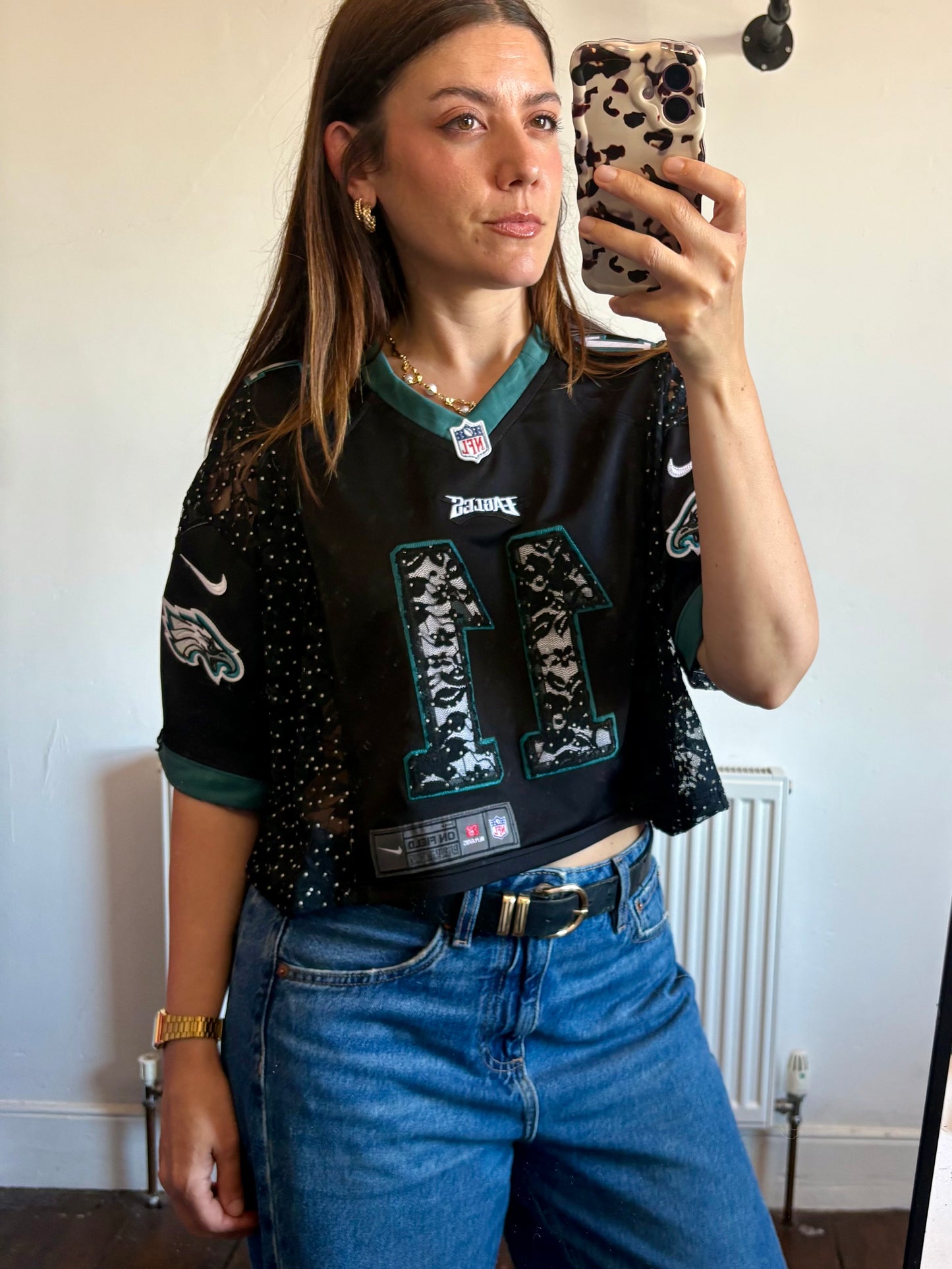 Vintage Y2K Nike NFL Philadelphia Eagles polka dot lace sheer mesh cropped jersey tshirt.