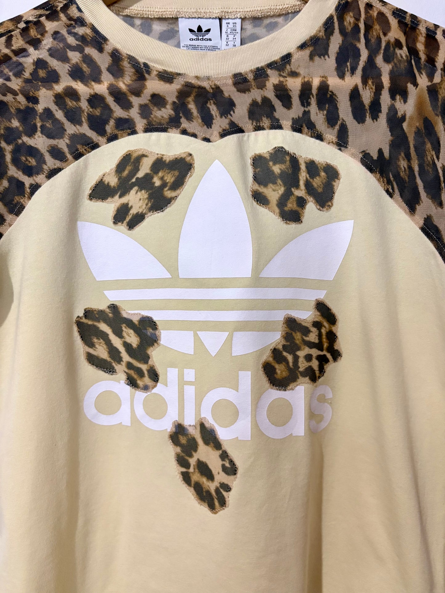 Vintage Y2K butter yellow adidas leopard print sheer mesh patchwork baby tee tshirt.