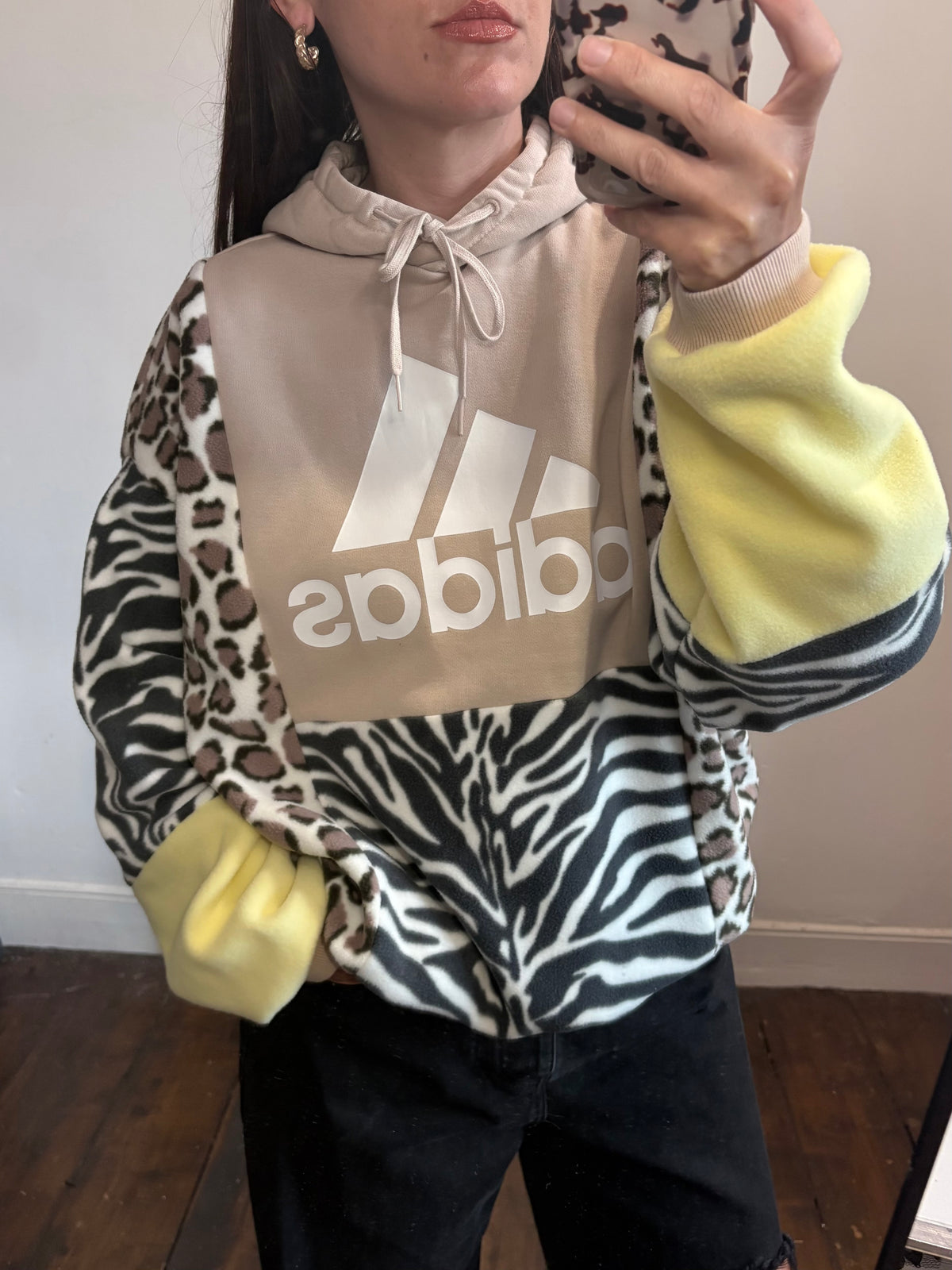 Y2K cream adidas zebra, leopard and butter yellow fleece patchwork hoodie sweatshirt.