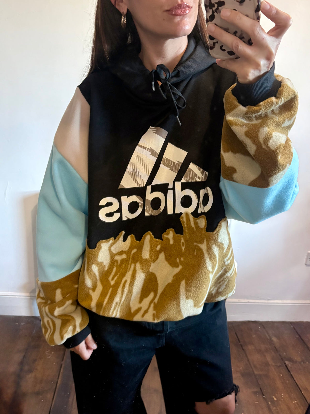 Y2K black adidas logo camouflage and baby blue fleece patchwork hoodie sweatshirt.