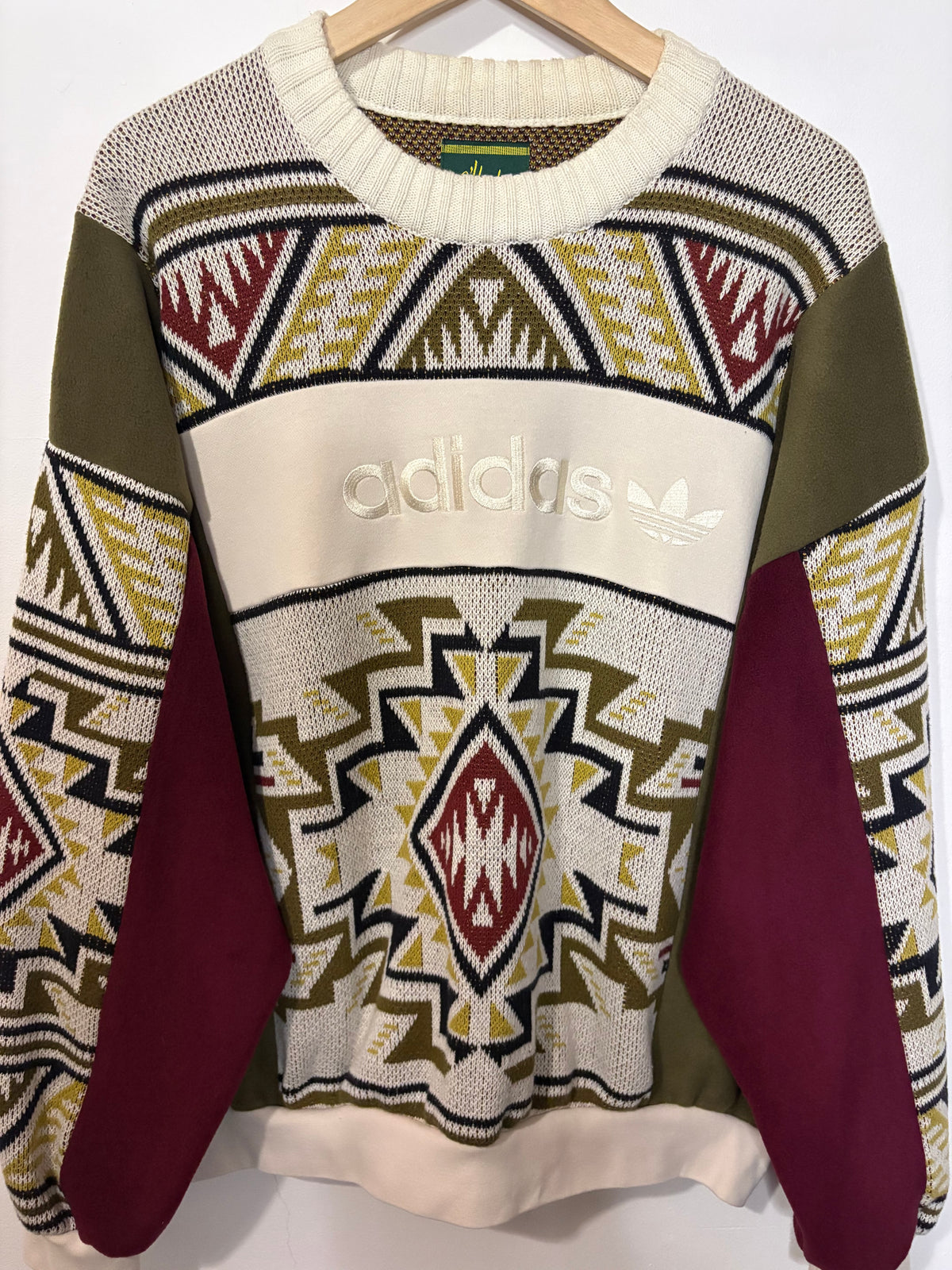 Vintage cream adidas logo funky pattern knit patchwork burgundy, khaki fleece sweatshirt.