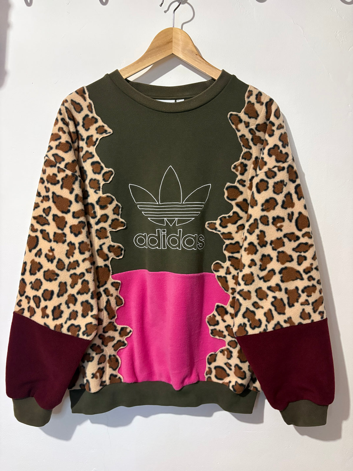 Y2K khaki adidas, leopard print, pink and burgundy patchwork fleece sweatshirt.