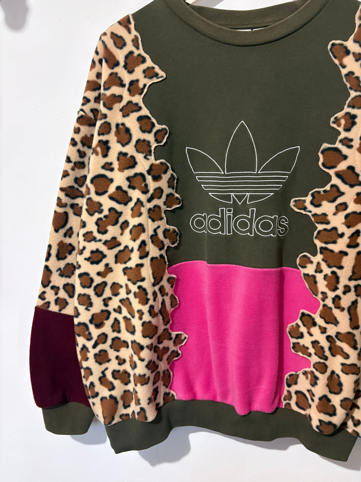 Y2K khaki adidas, leopard print, pink and burgundy patchwork fleece sweatshirt.