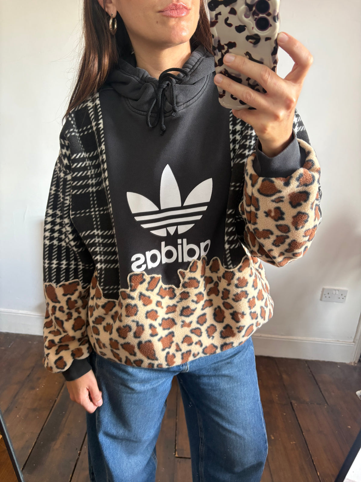 Y2K black adidas logo checked tartan and leopard print hoodie sweatshirt.