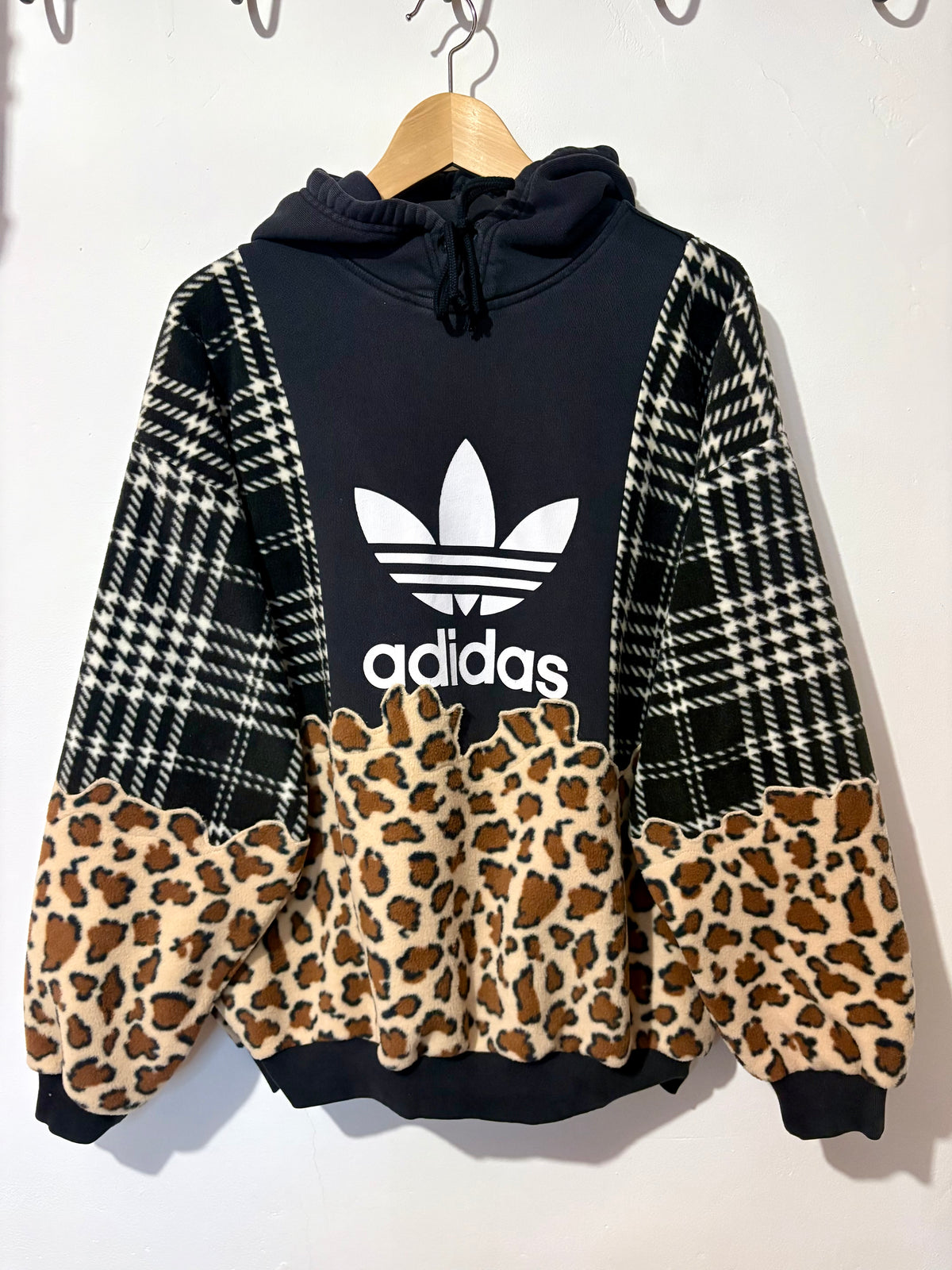 Y2K black adidas logo checked tartan and leopard print hoodie sweatshirt.