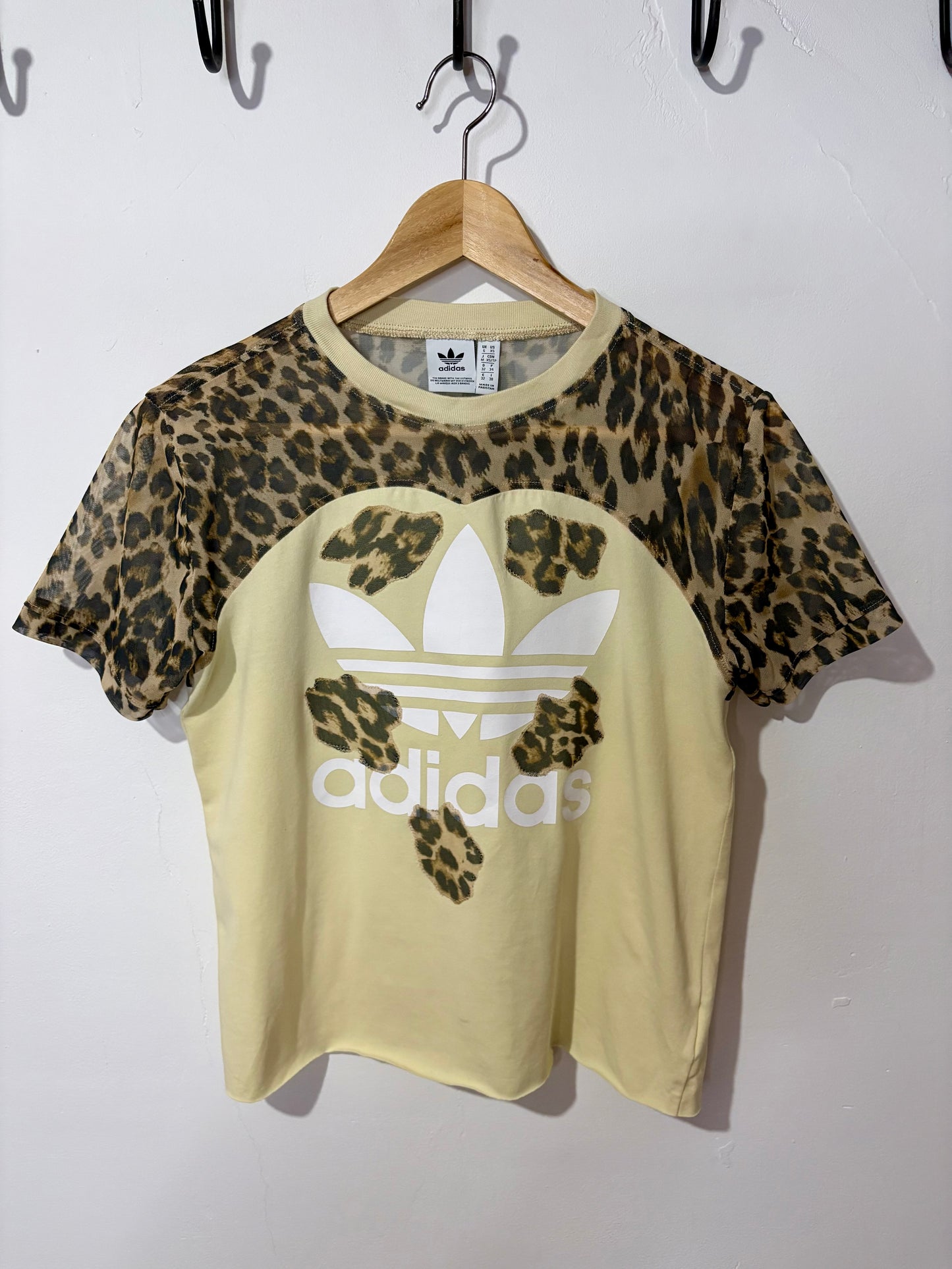 Vintage Y2K butter yellow adidas leopard print sheer mesh patchwork baby tee tshirt.