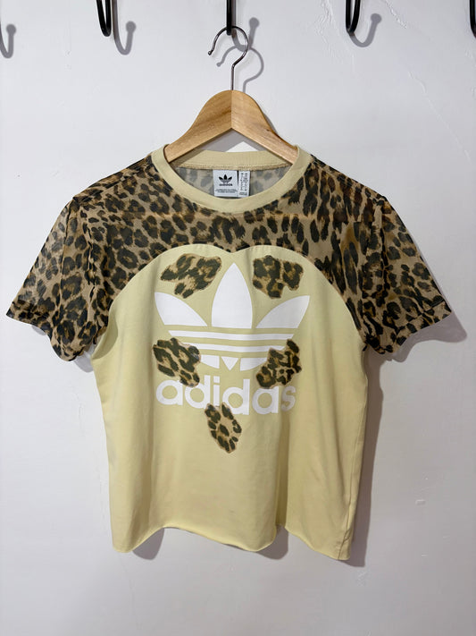 Vintage Y2K butter yellow adidas leopard print sheer mesh patchwork baby tee tshirt.