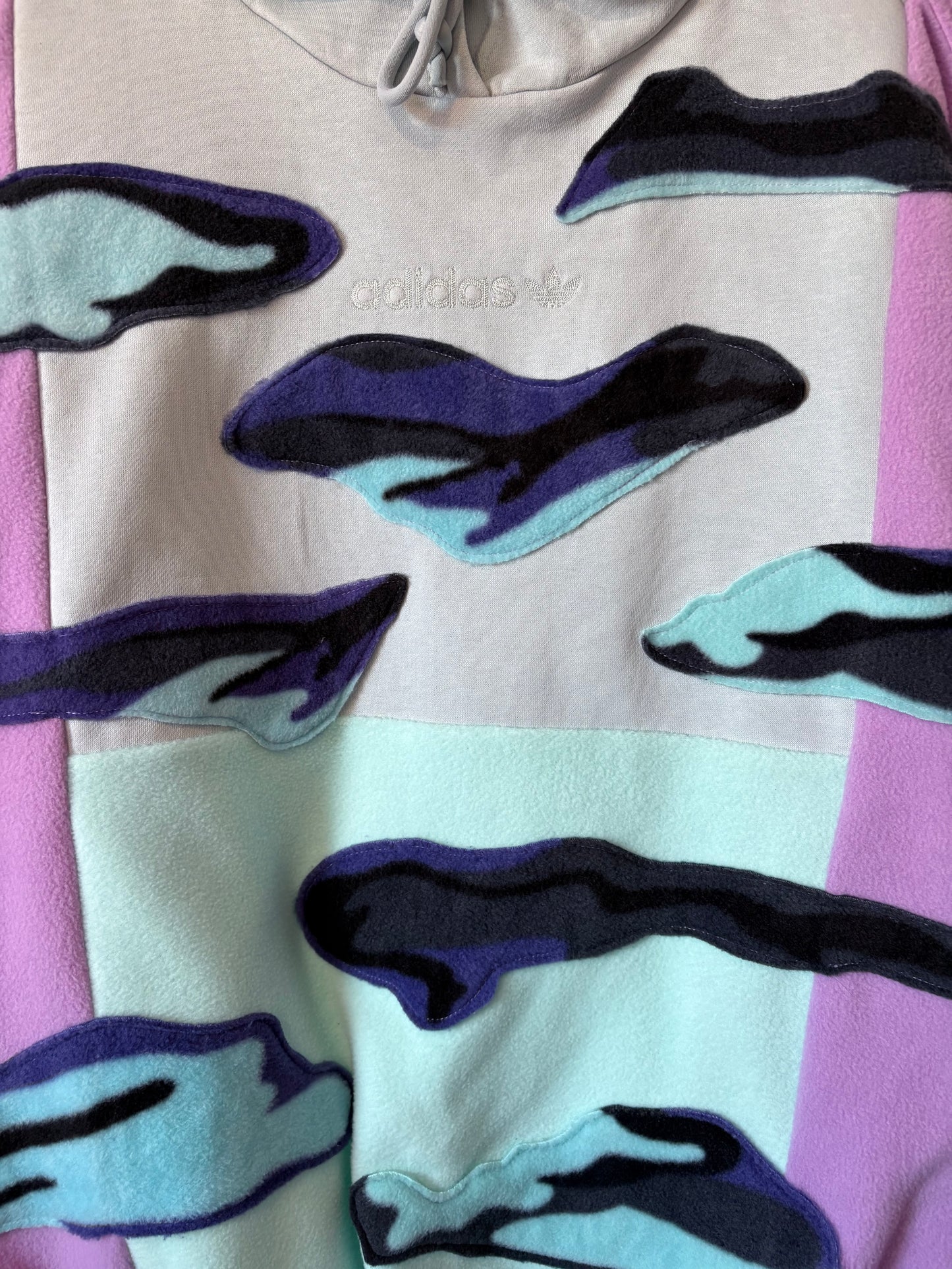 Y2K mint green adidas pastel camouflage patchwork fleece hoodie sweatshirt.