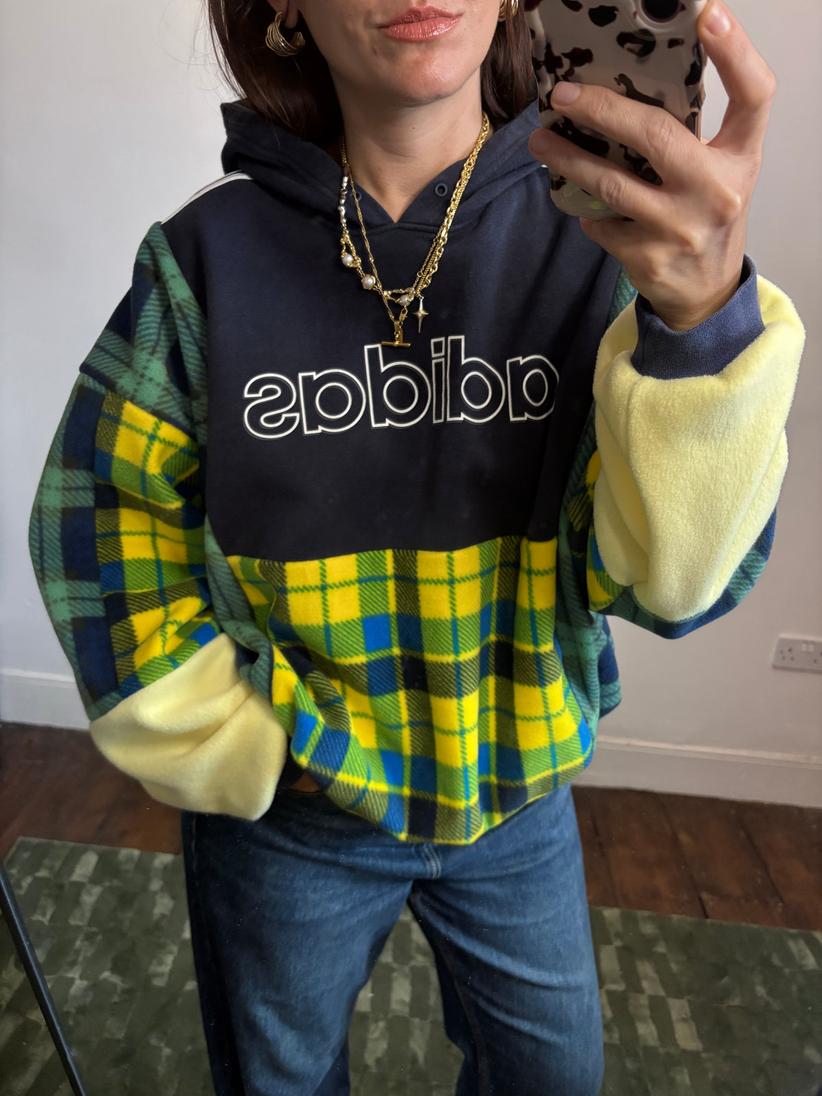 Y2K navy adidas spell out logo clashing checked tartan patchwork hoodie sweatshirt.