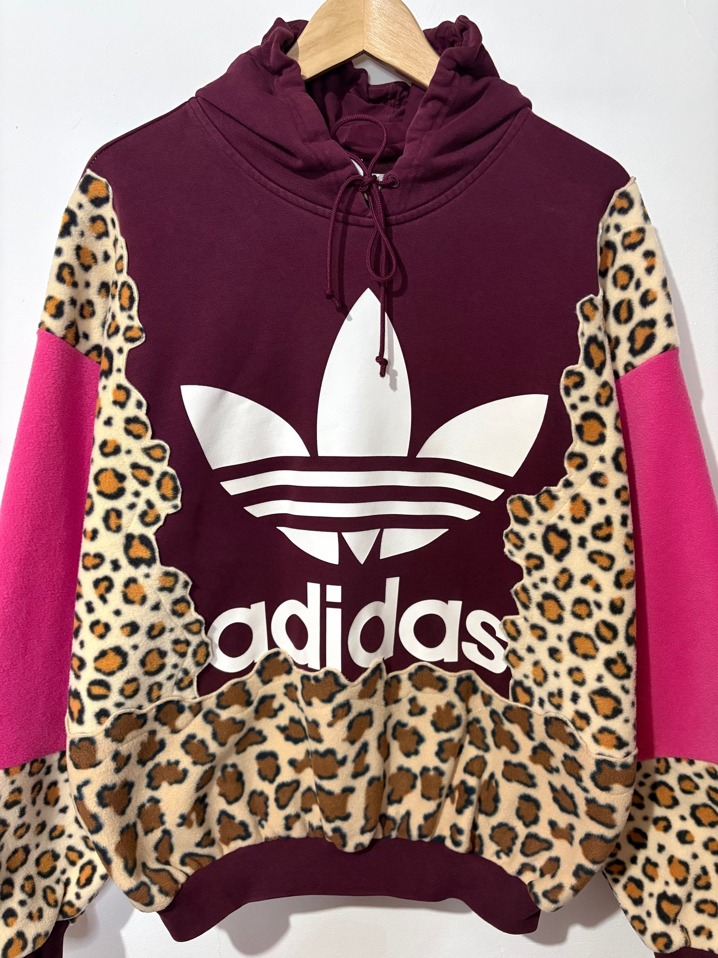 Y2K burgundy adidas leopard animal print, pink patchwork fleece hoodie sweatshirt