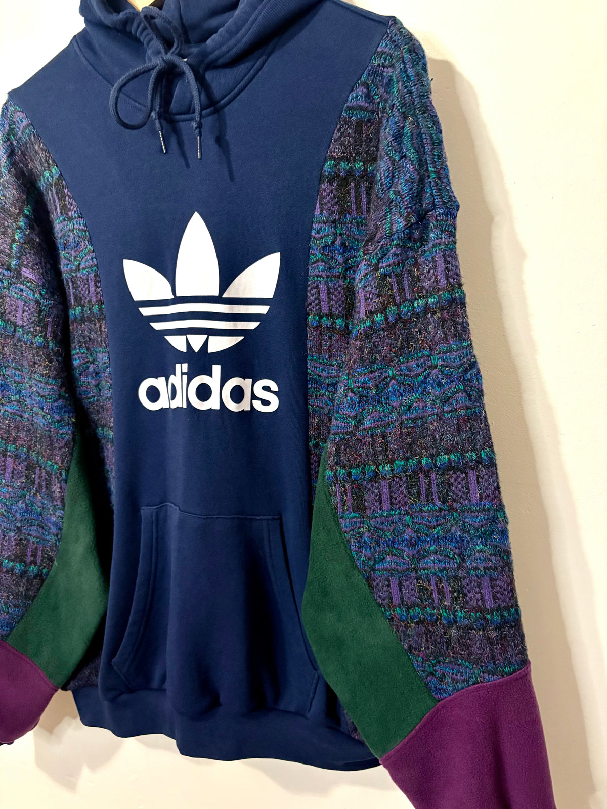 Vintage adidas trefoil logo funky pattern knit patchwork hoodie sweatshirt.