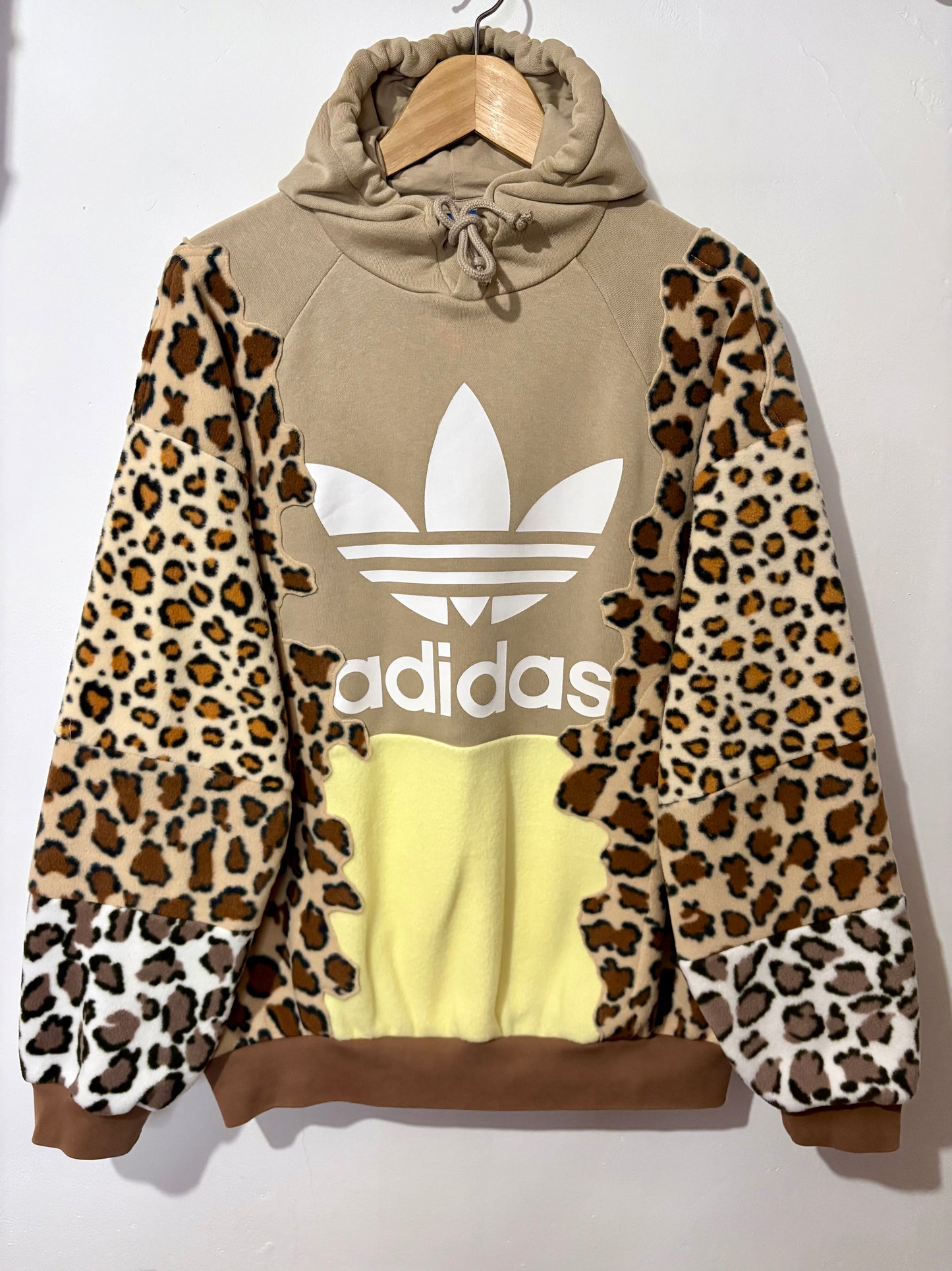 Y2K beige adidas leopard animal print, butter yellow patchwork fleece hoodie sweatshirt