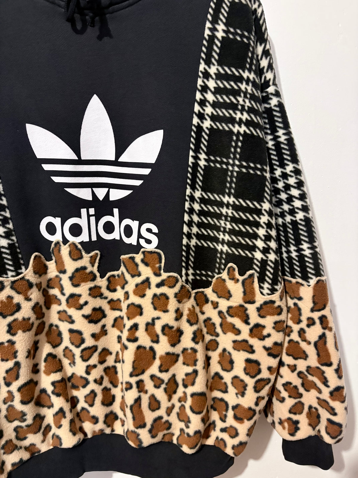 Y2K black adidas logo checked tartan and leopard print hoodie sweatshirt.