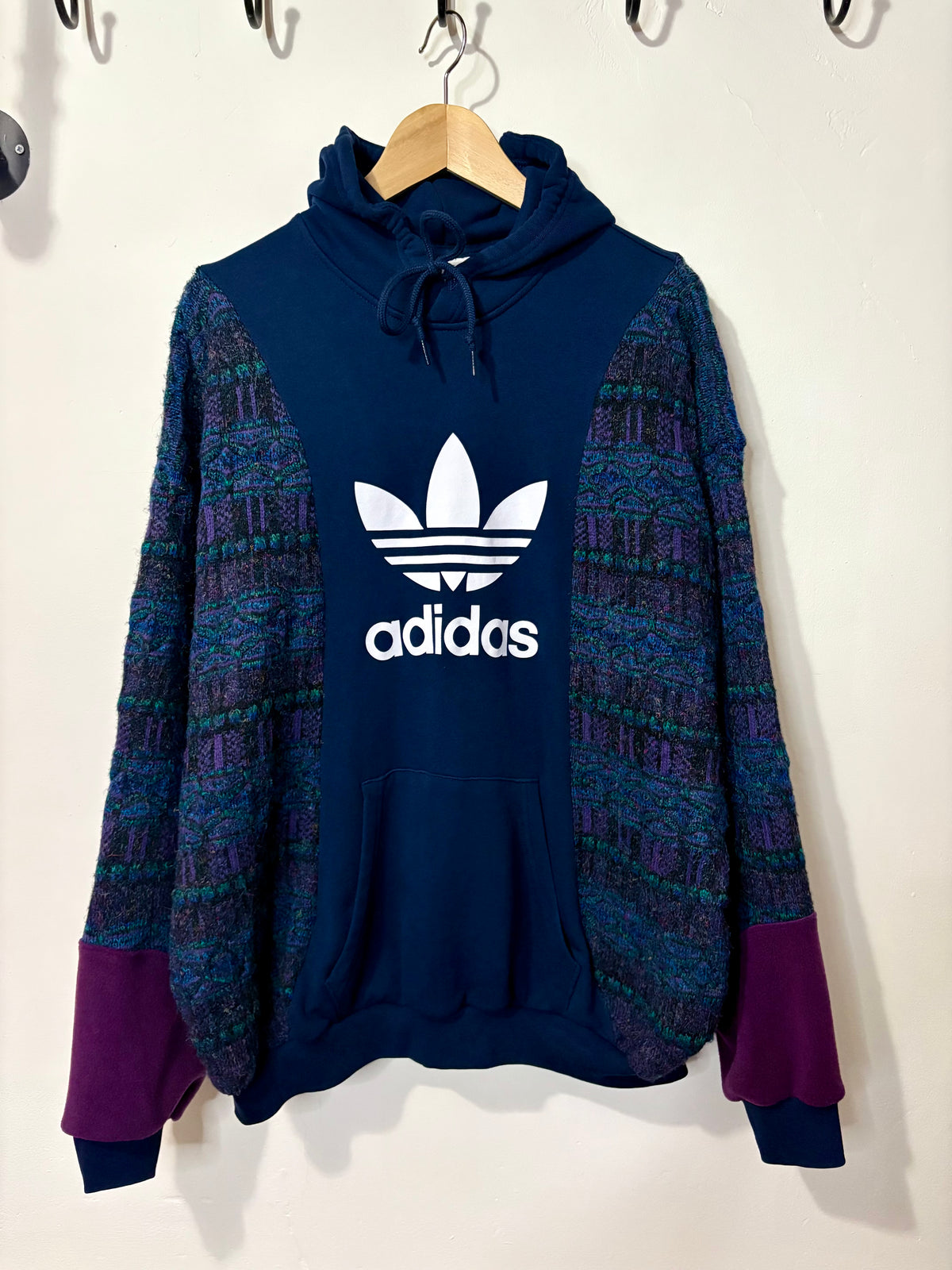 Vintage adidas trefoil logo funky pattern knit patchwork hoodie sweatshirt.