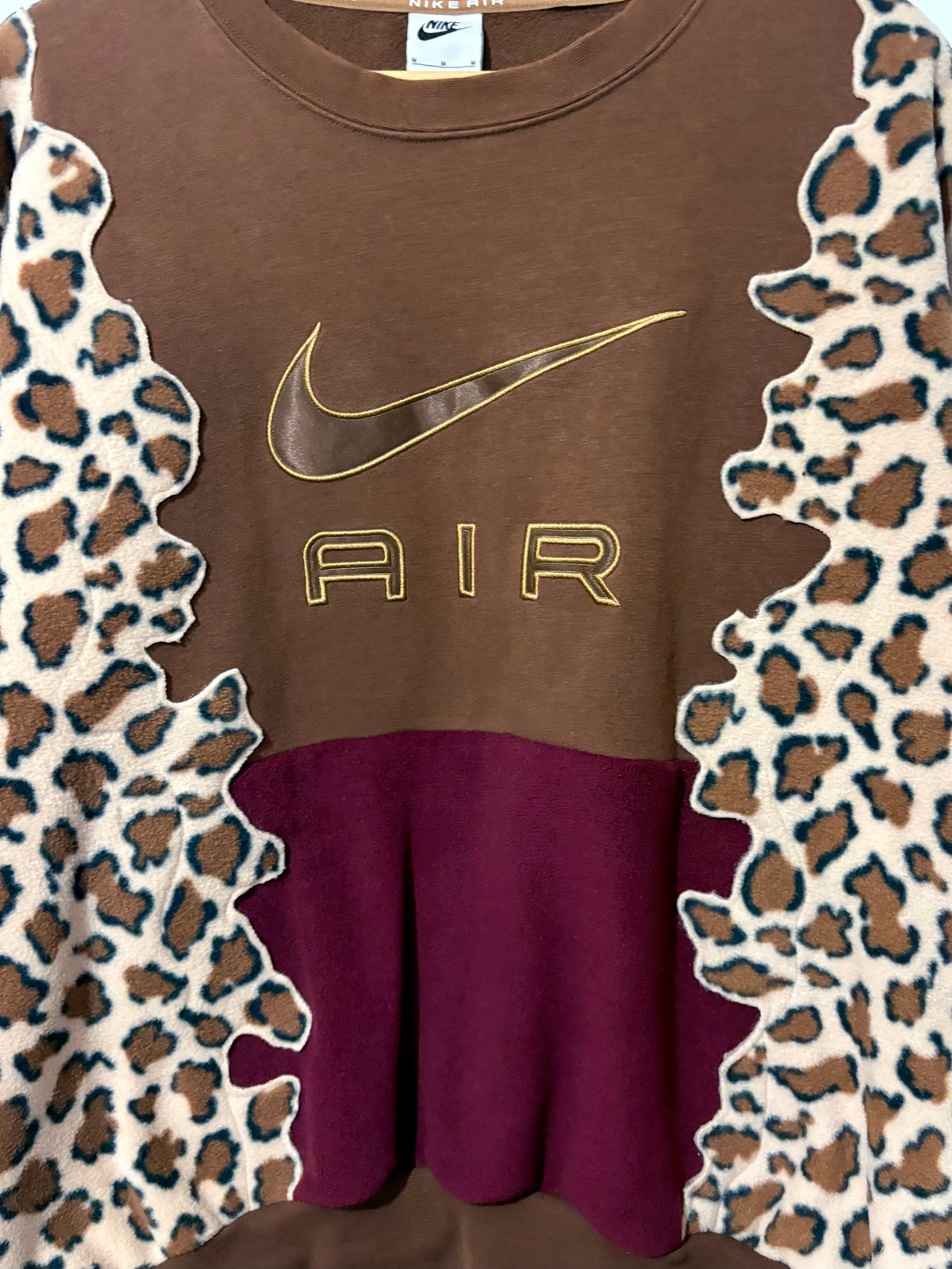 Y2K brown Nike air leopard print, burgundy and butter yellow fleece patchwork sweatshirt.