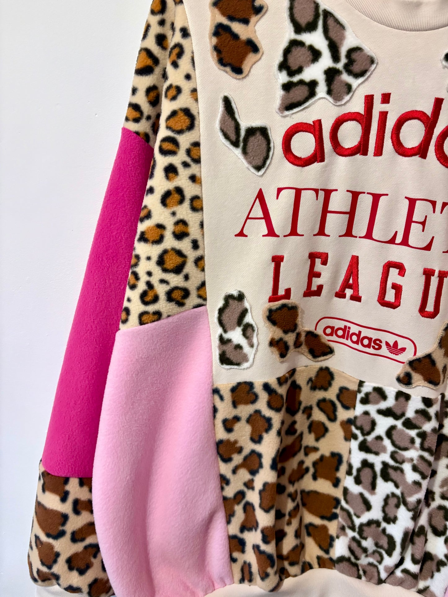 Y2K cream adidas leopard, animal print, pink patchwork fleece sweatshirt.