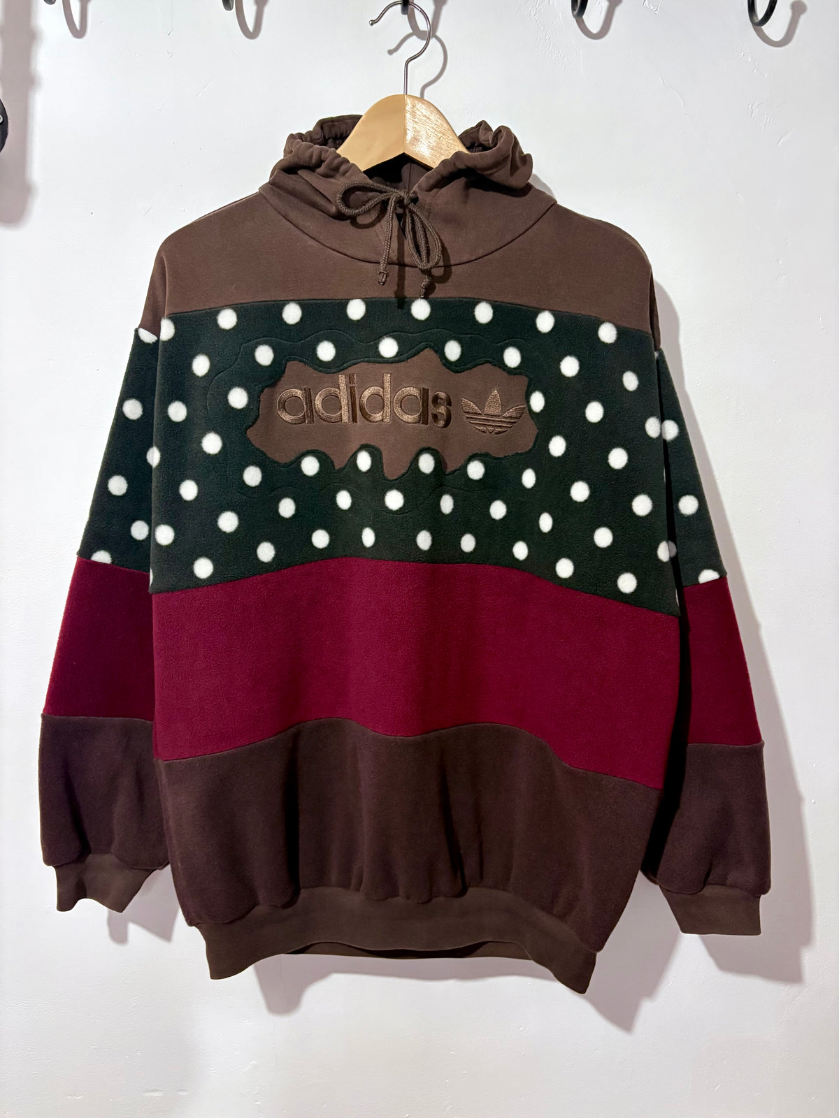 Y2K brown adidas logo polka dot and burgundy fleece stripe patchwork hoodie sweatshirt.