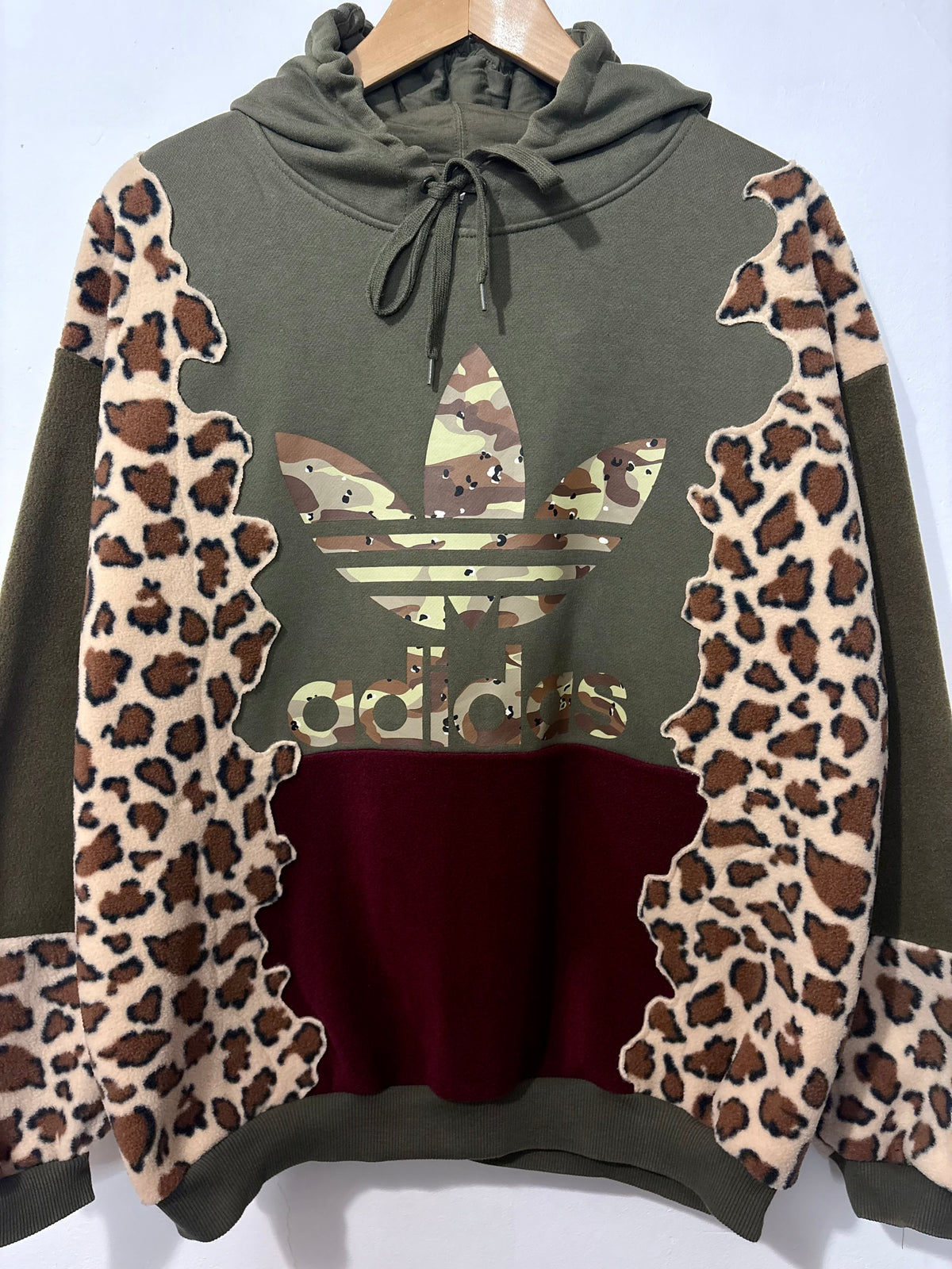 Y2K khaki adidas camouflage logo leopard print and burgundy fleece patchwork hoodie sweatshirt.