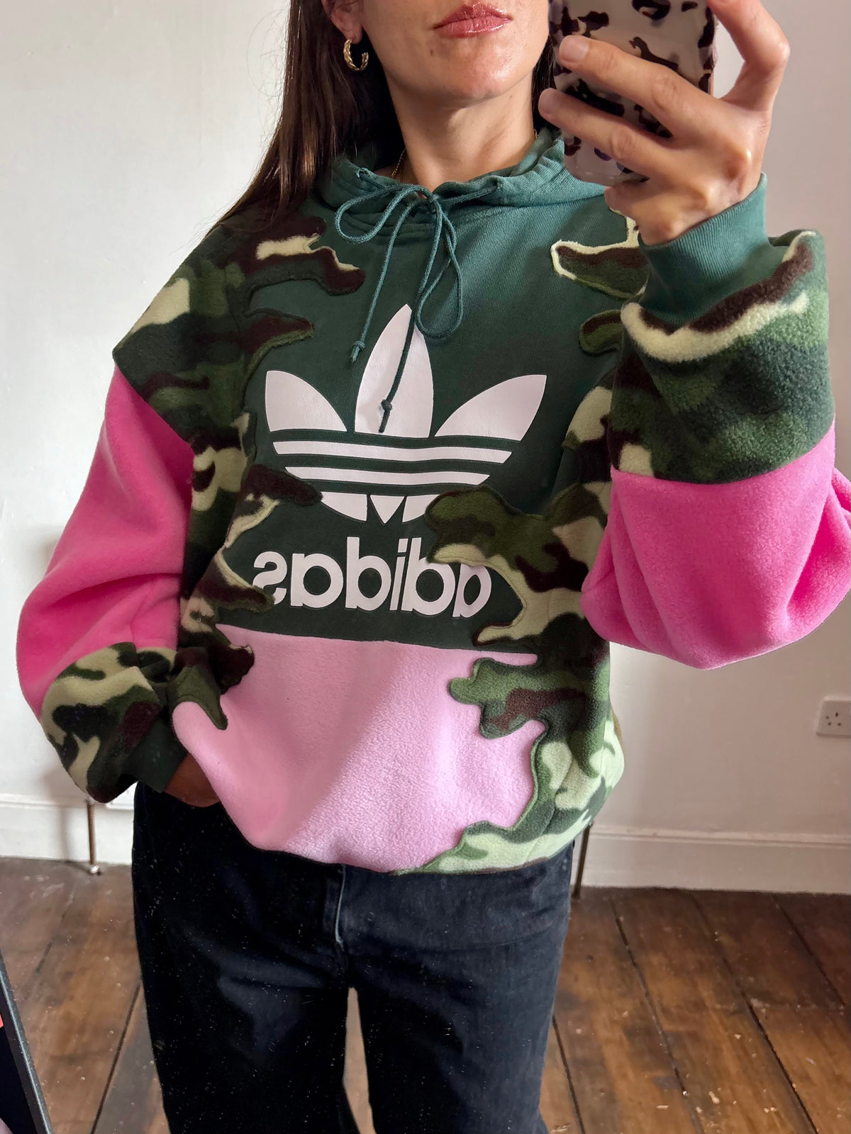 Y2K green adidas camouflage and pink patchwork fleece hoodie sweatshirt.