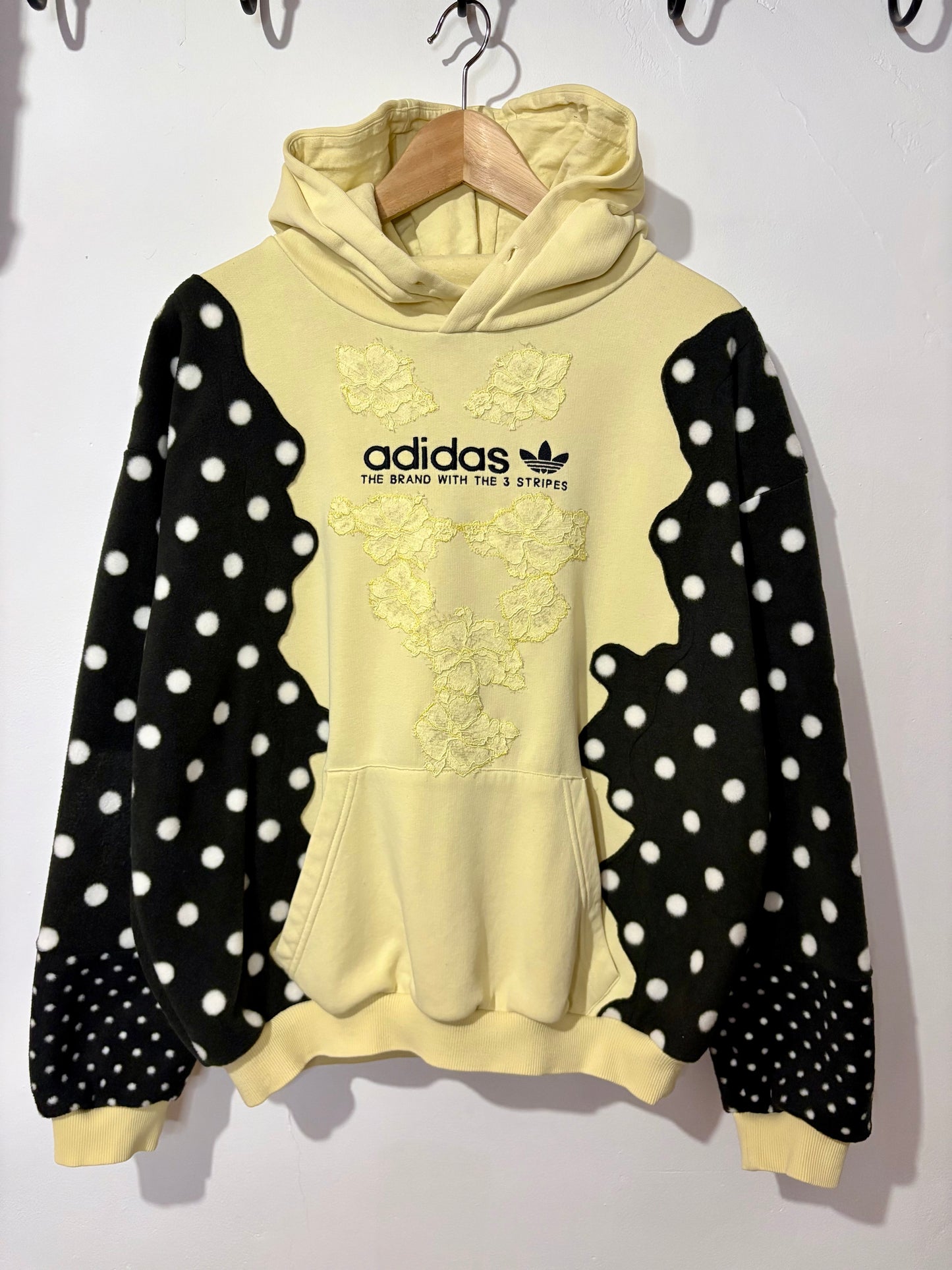 Y2K butter yellow adidas lace and polka dot patchwork hoodie sweatshirt.