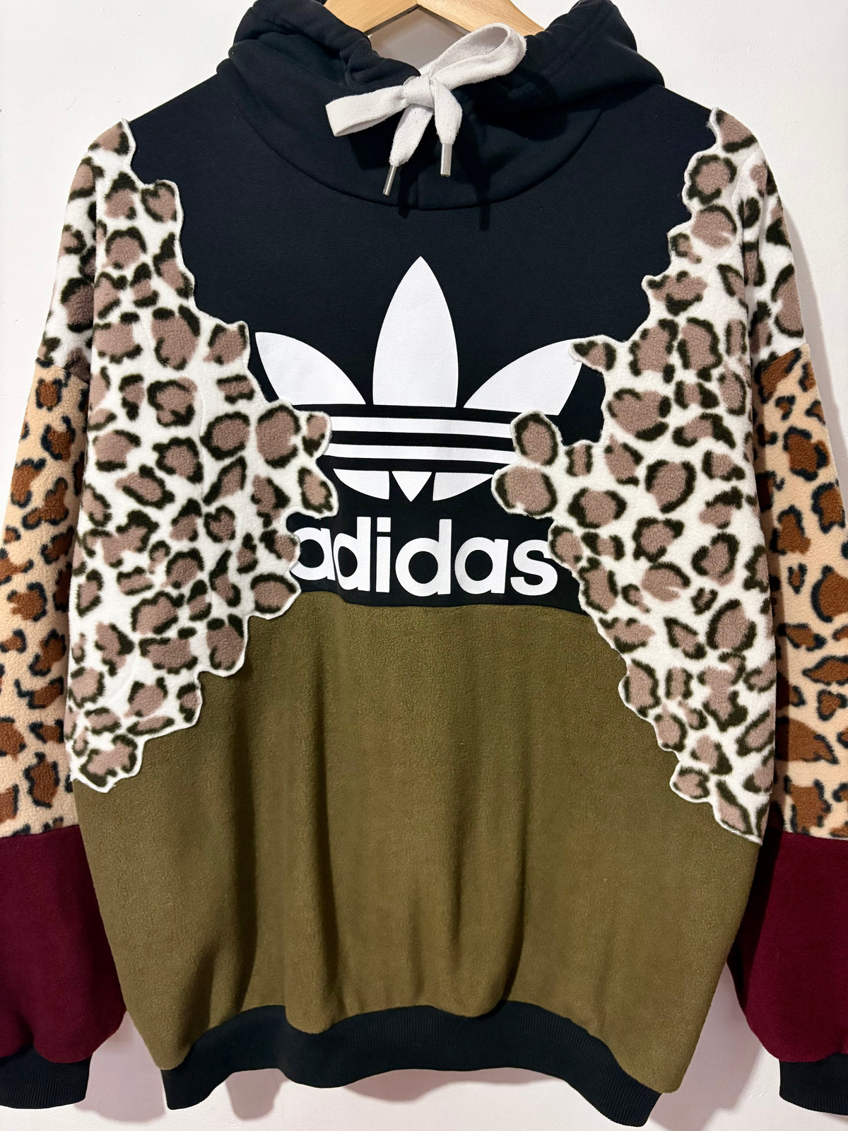 Y2K black adidas logo leopard print, khaki and burgundy fleece patchwork hoodie sweatshirt.